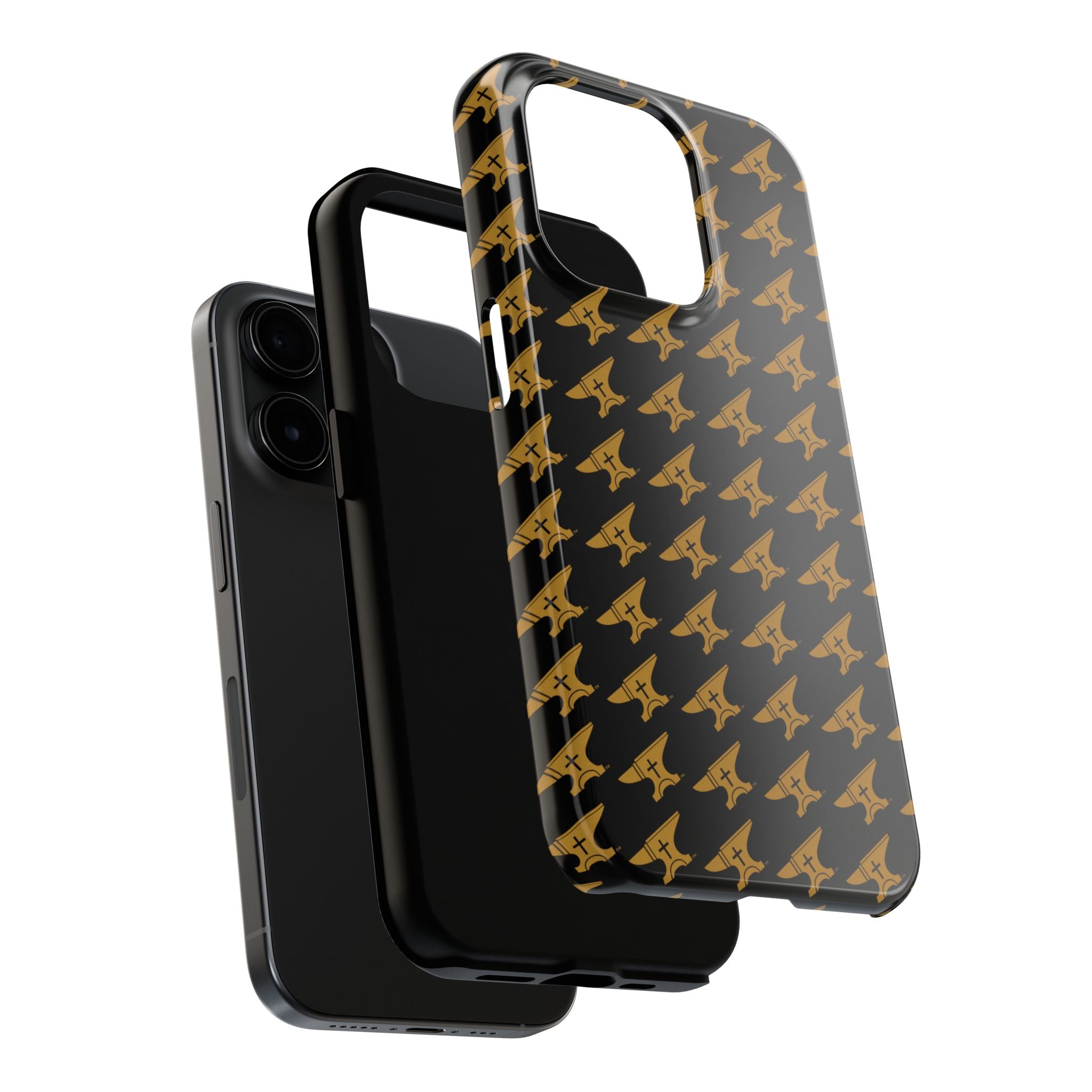 Gold Anvil Pattern Tough Phone Case — Durable Black & Metallic Repeat Design