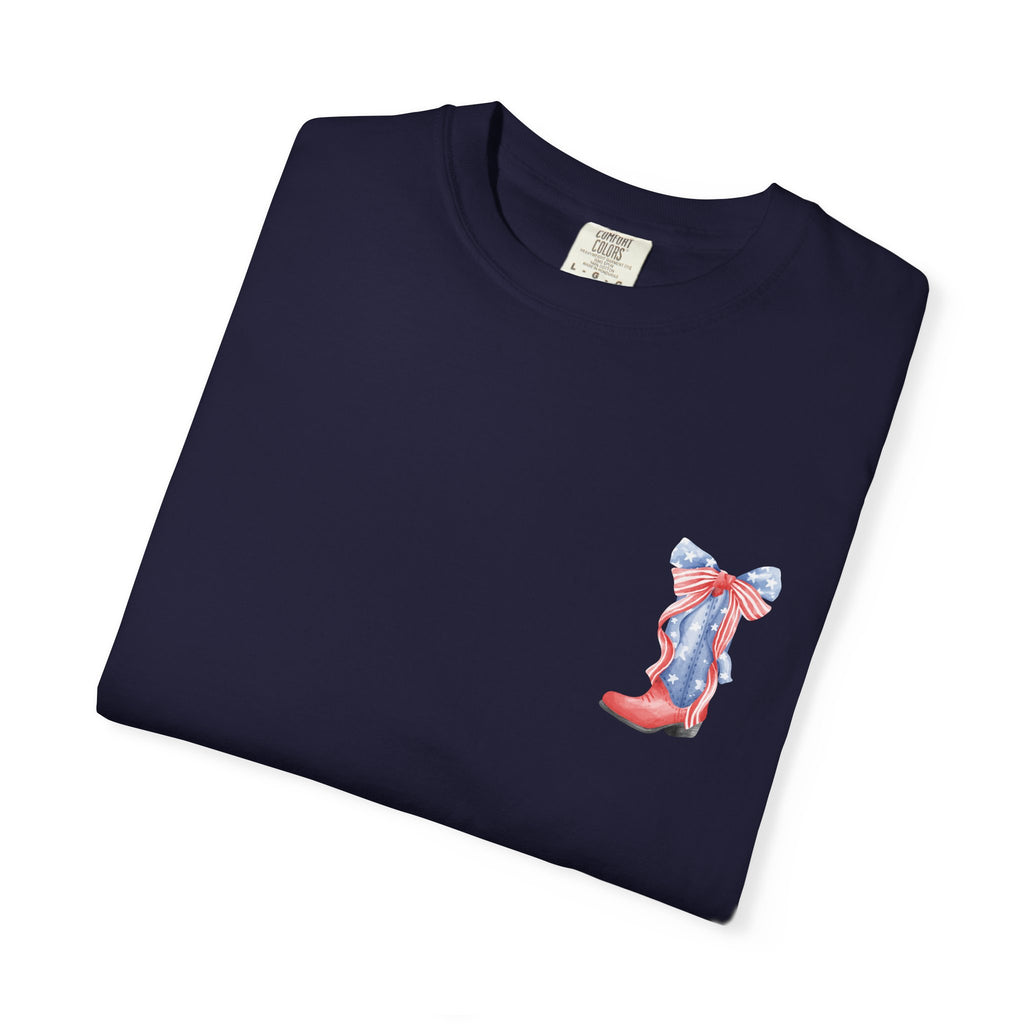 Patriotic Flag Bow T-Shirt — American Stars & Stripes Chest and Back Tee