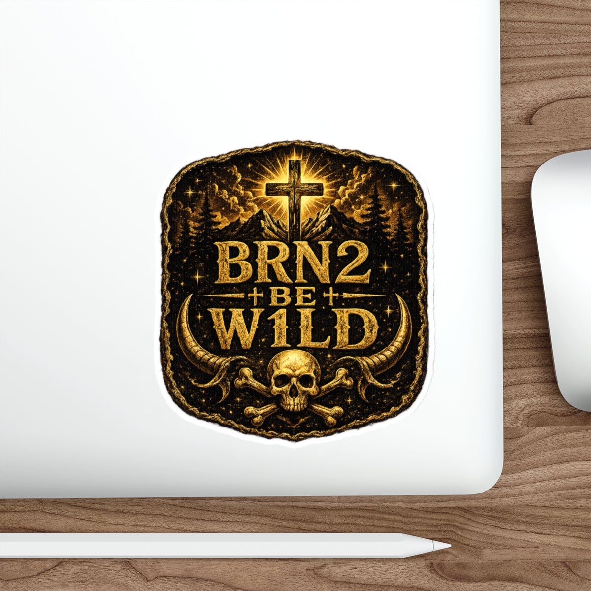 BRN2BEW1LD Die-Cut Sticker Indoor/Outdoor — Christian Skull Cross Outdoor Adventure Decal