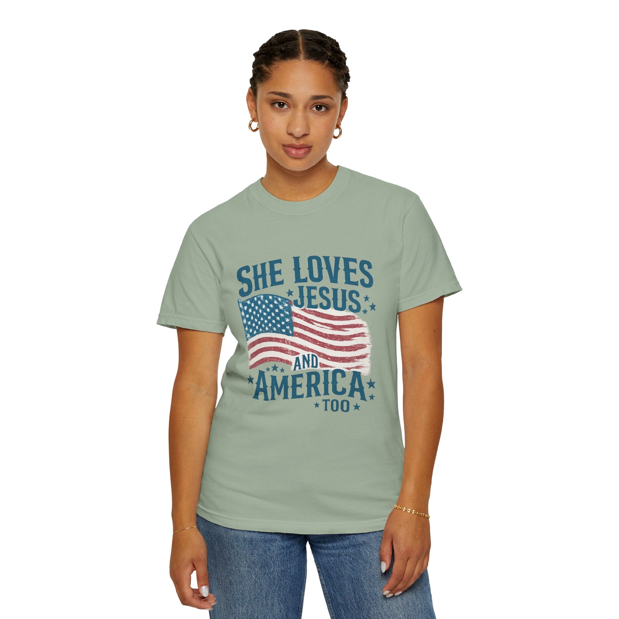 She Loves Jesus and America T-Shirt — Patriotic Christian Flag Tee