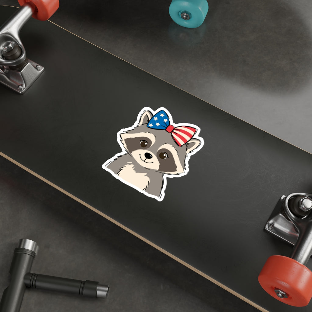 Patriotic Raccoon Die-Cut Sticker — Cute USA Flag Bow Decal for Laptops, Water Bottles & Notebooks