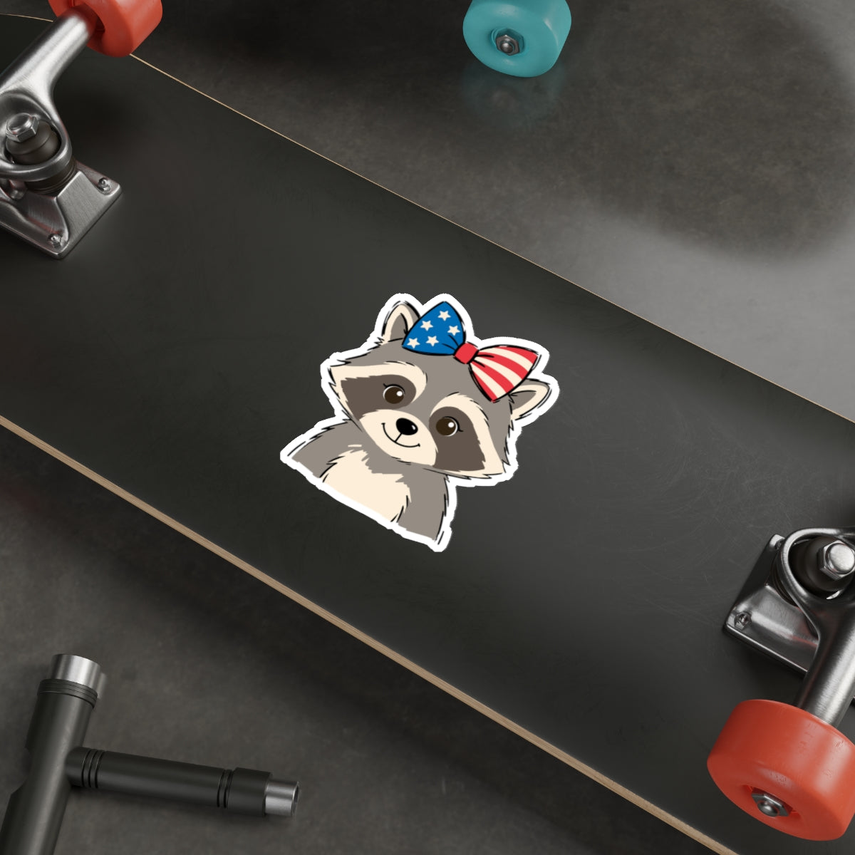 Patriotic Raccoon Die-Cut Sticker — Cute USA Flag Bow Decal for Laptops, Water Bottles & Notebooks