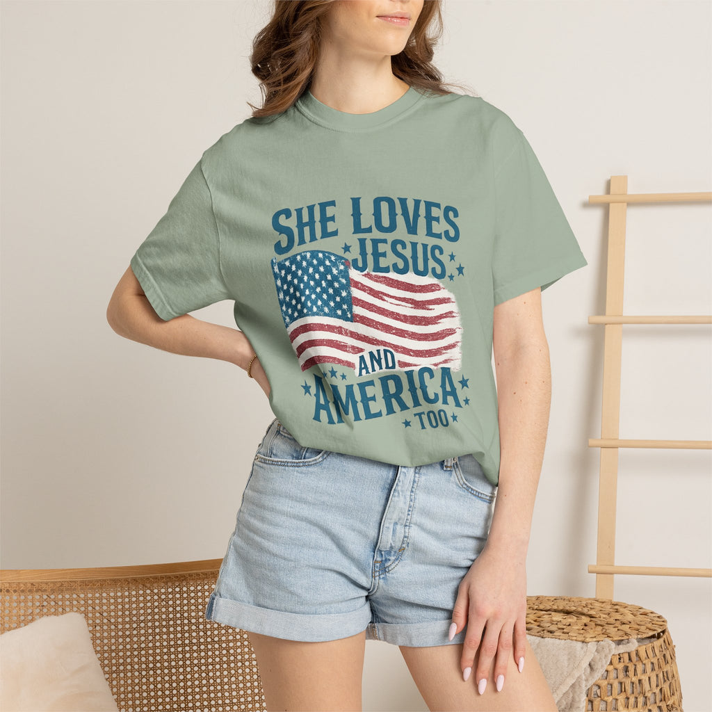 She Loves Jesus and America T-Shirt — Patriotic Christian Flag Tee