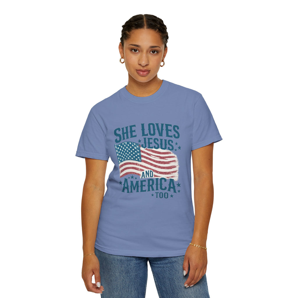 She Loves Jesus and America T-Shirt — Patriotic Christian Flag Tee