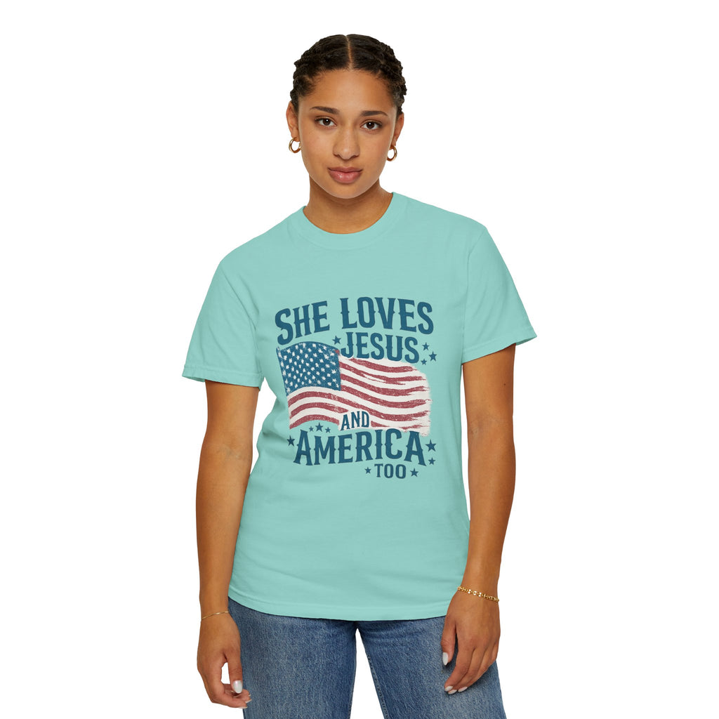 She Loves Jesus and America T-Shirt — Patriotic Christian Flag Tee