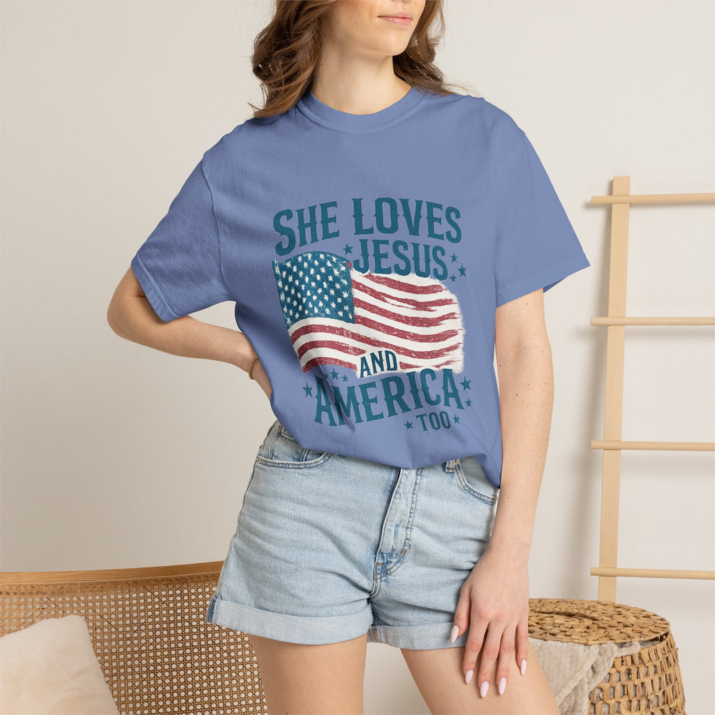 She Loves Jesus and America T-Shirt — Patriotic Christian Flag Tee