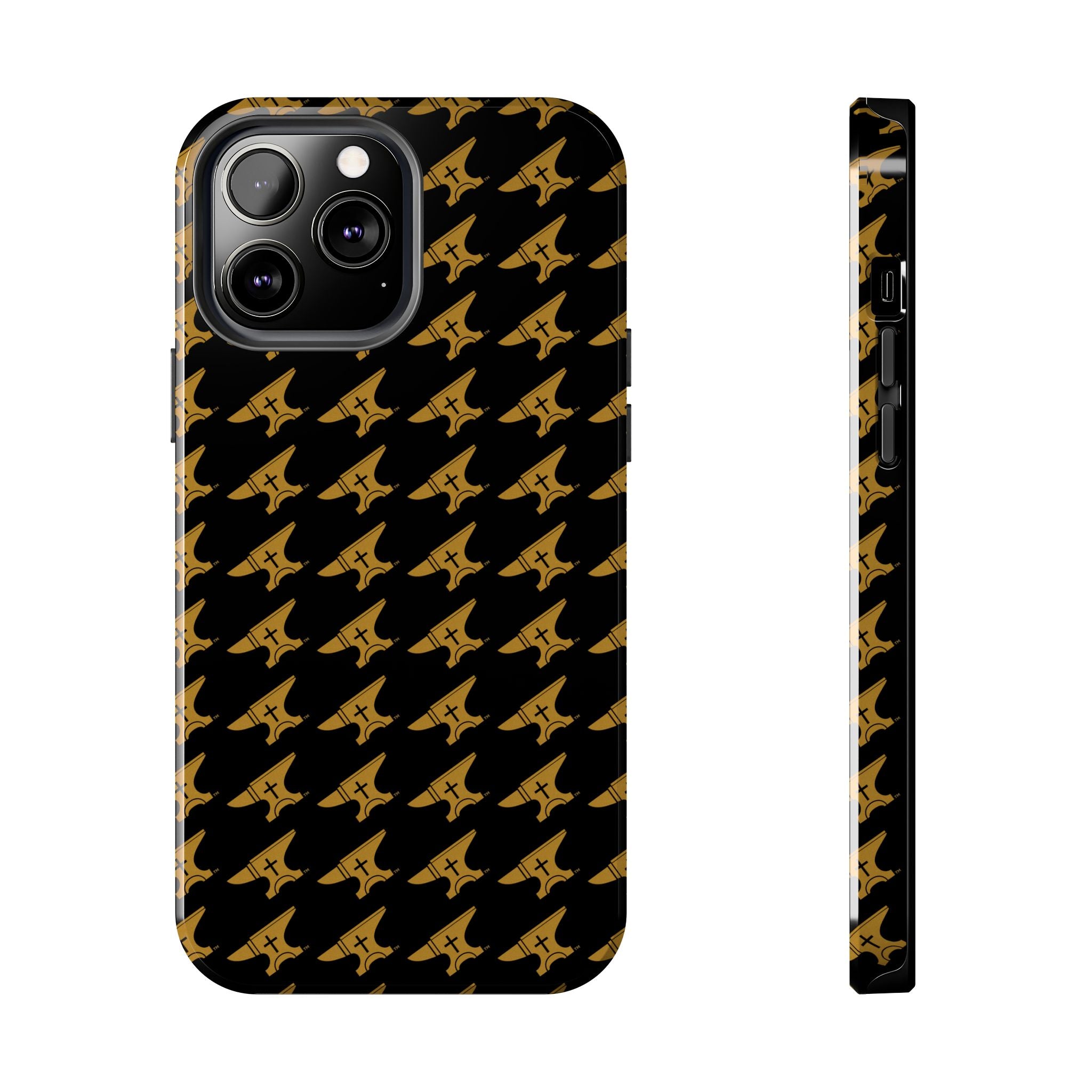 Gold Anvil Pattern Tough Phone Case — Durable Black & Metallic Repeat Design