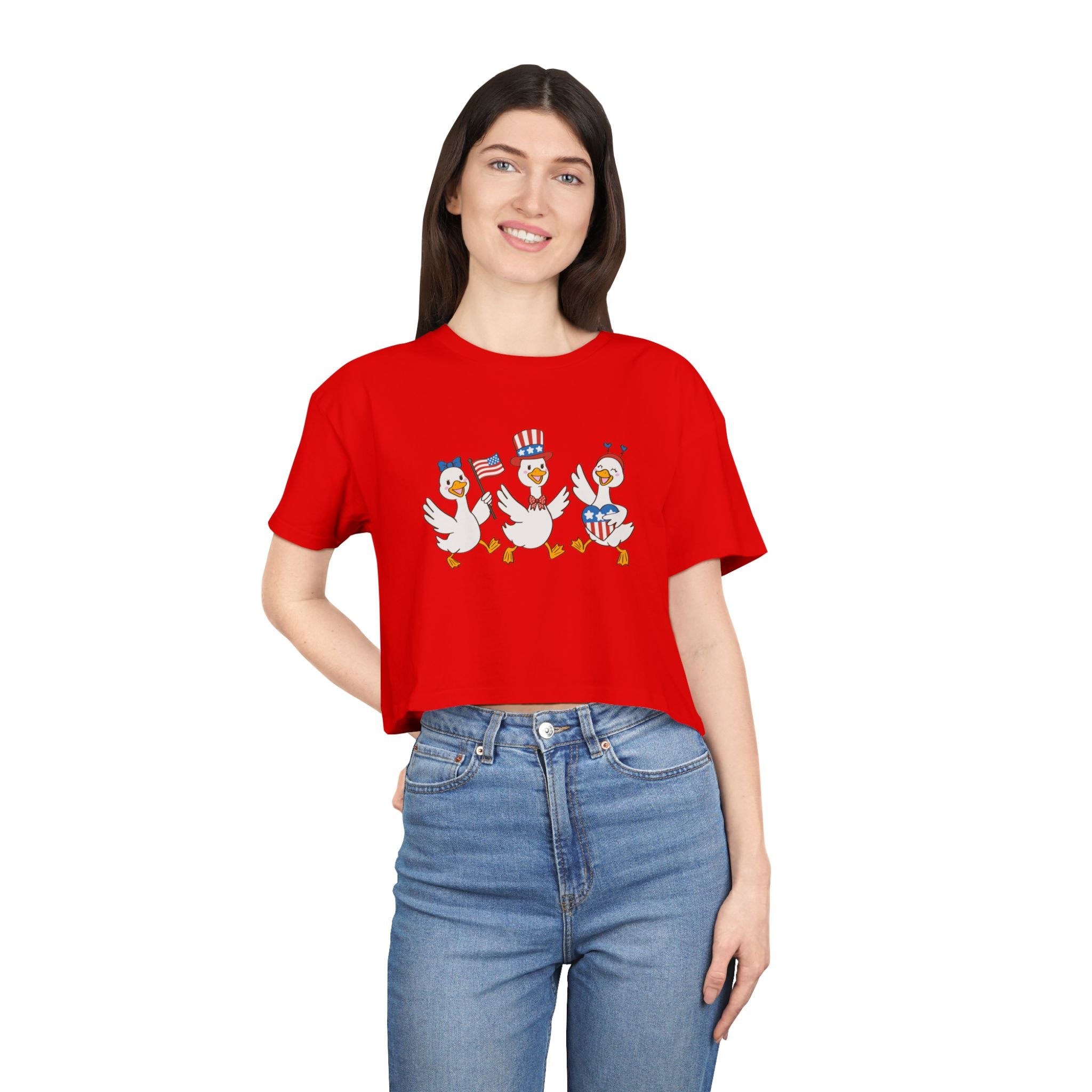 Patriotic Dancing Ducks Women's Crop Tee — 4th of July Cute Flag Design