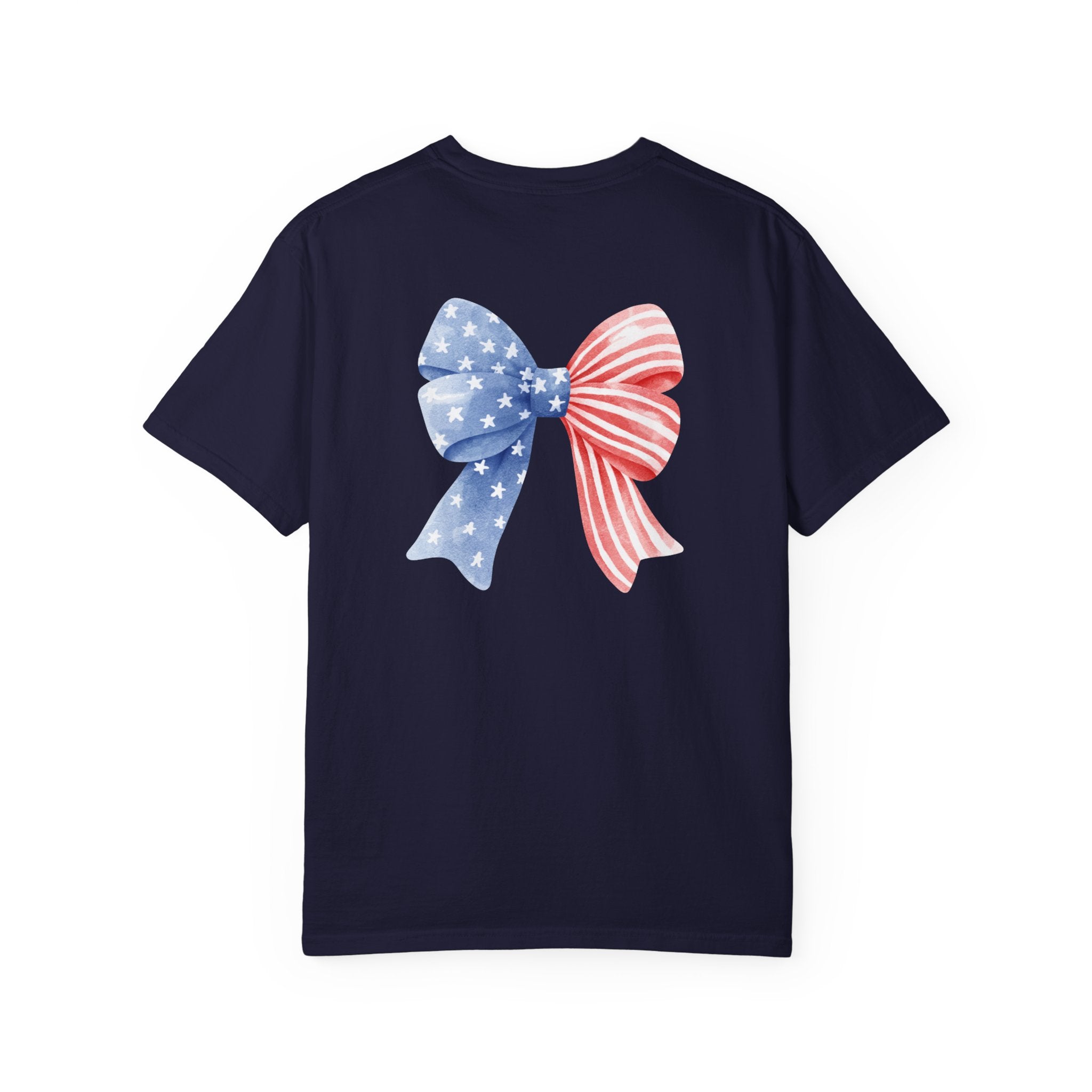 Patriotic Flag Bow T-Shirt — American Stars & Stripes Chest and Back Tee