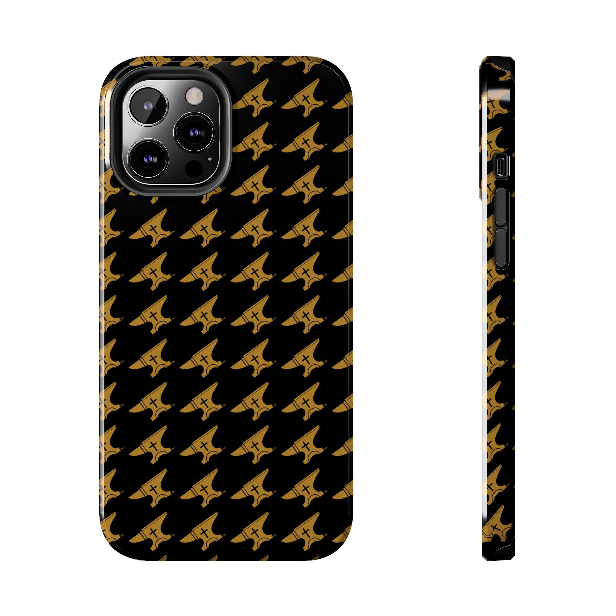 Gold Anvil Pattern Tough Phone Case — Durable Black & Metallic Repeat Design