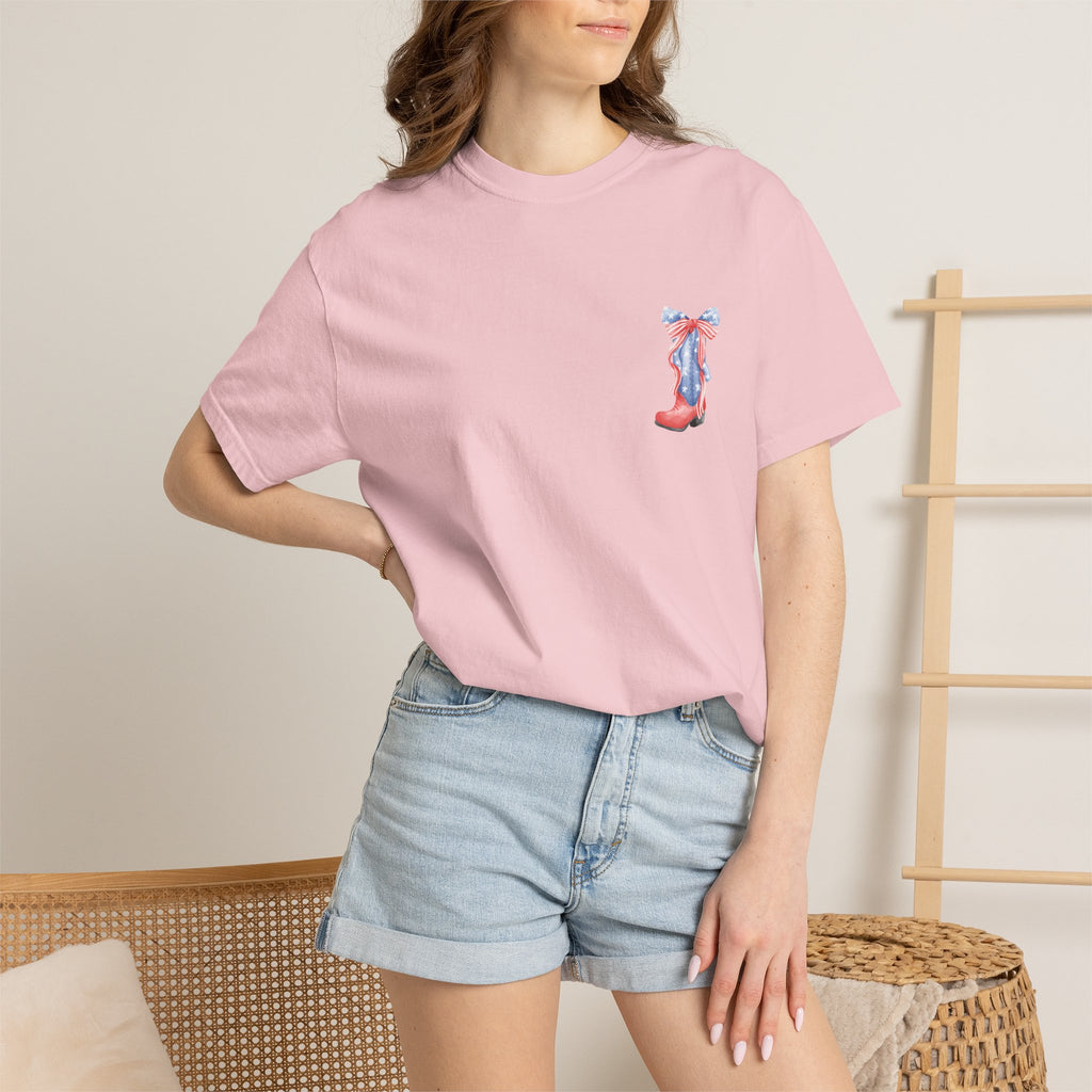 Patriotic Flag Bow T-Shirt — American Stars & Stripes Chest and Back Tee