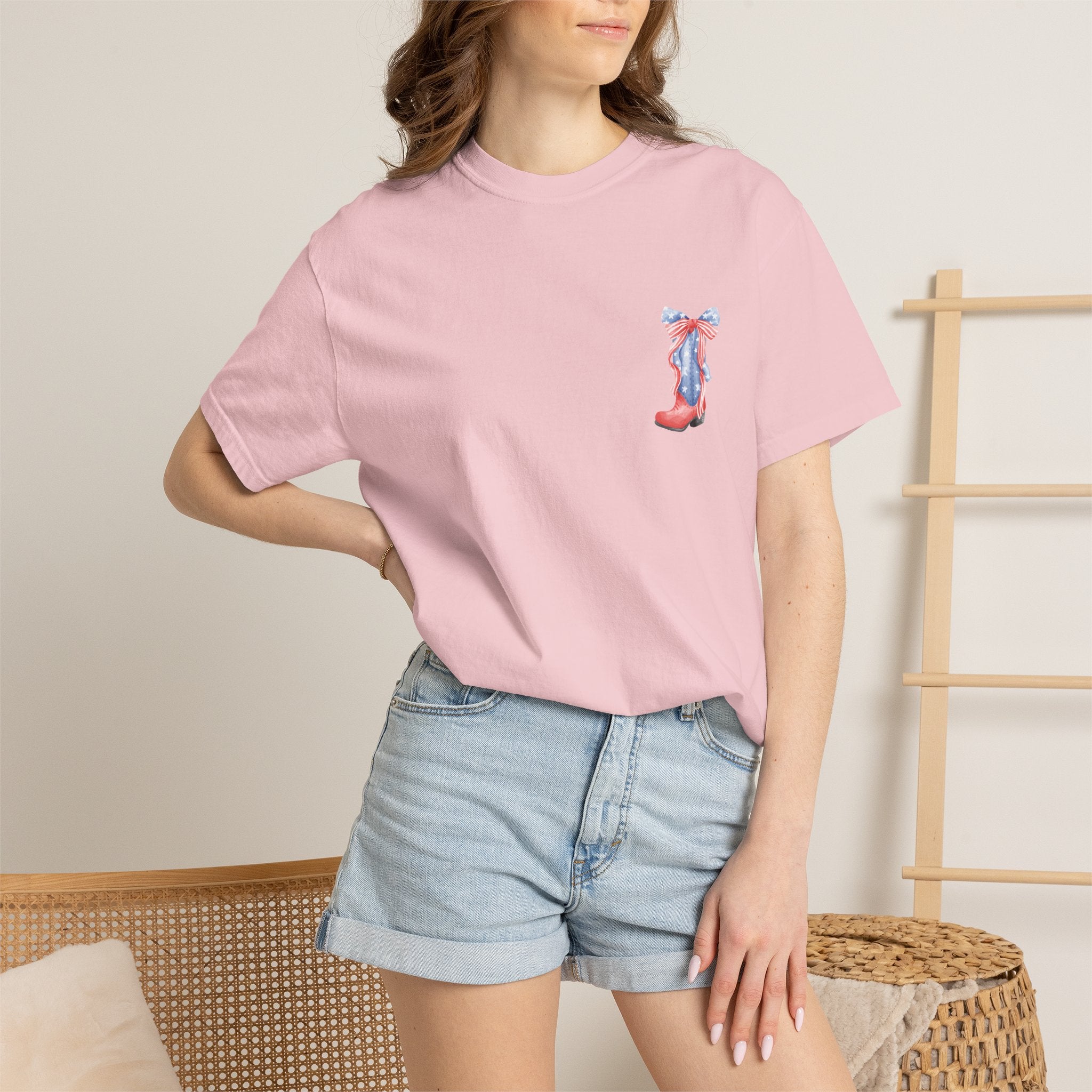 Patriotic Flag Bow T-Shirt — American Stars & Stripes Chest and Back Tee