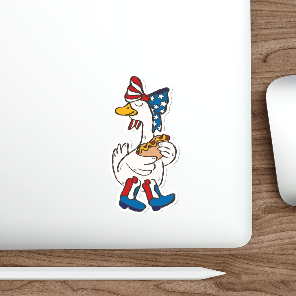 Patriotic Duck Die-Cut Sticker – American Flag Bandana & Hot Dog