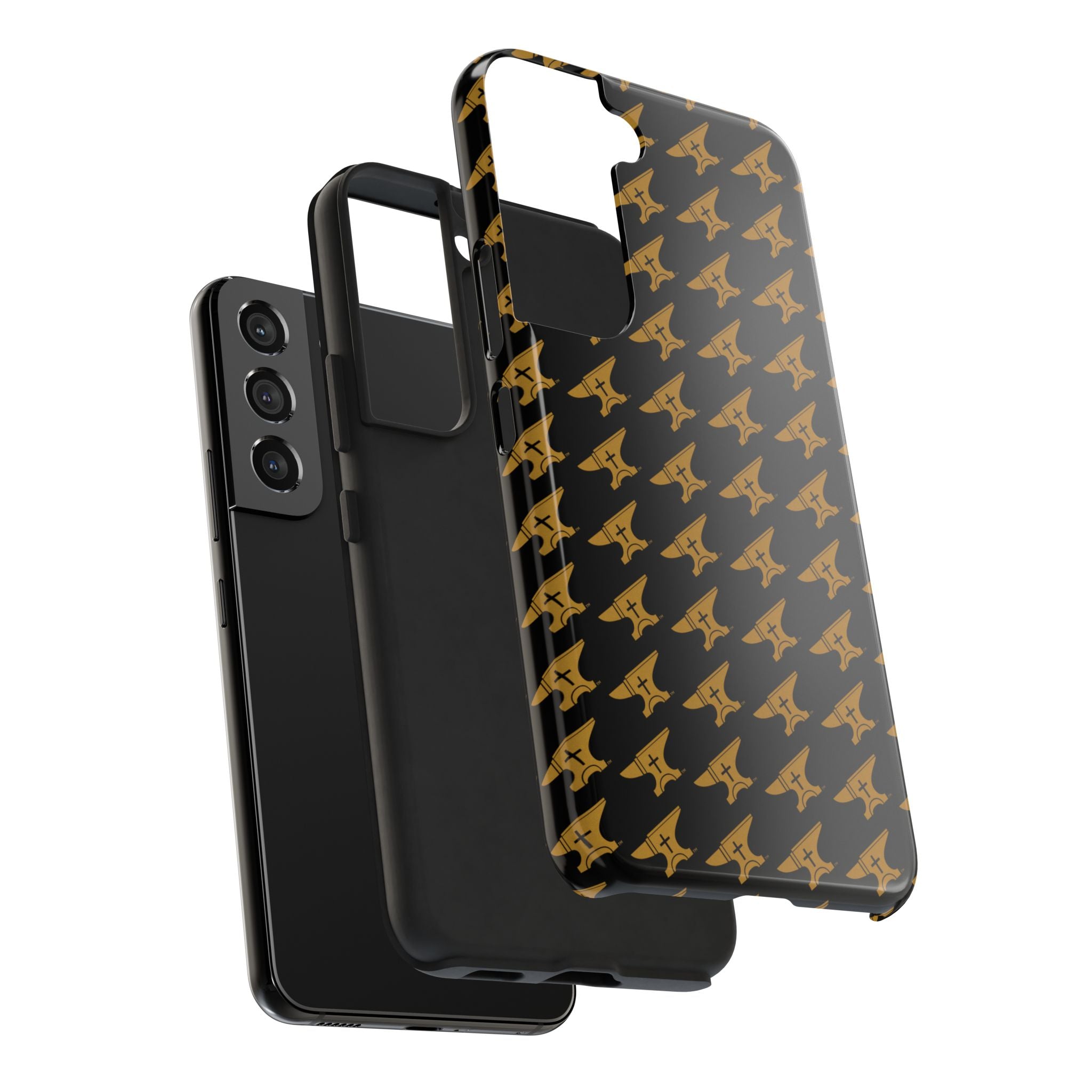 Gold Anvil Pattern Tough Phone Case — Durable Black & Metallic Repeat Design