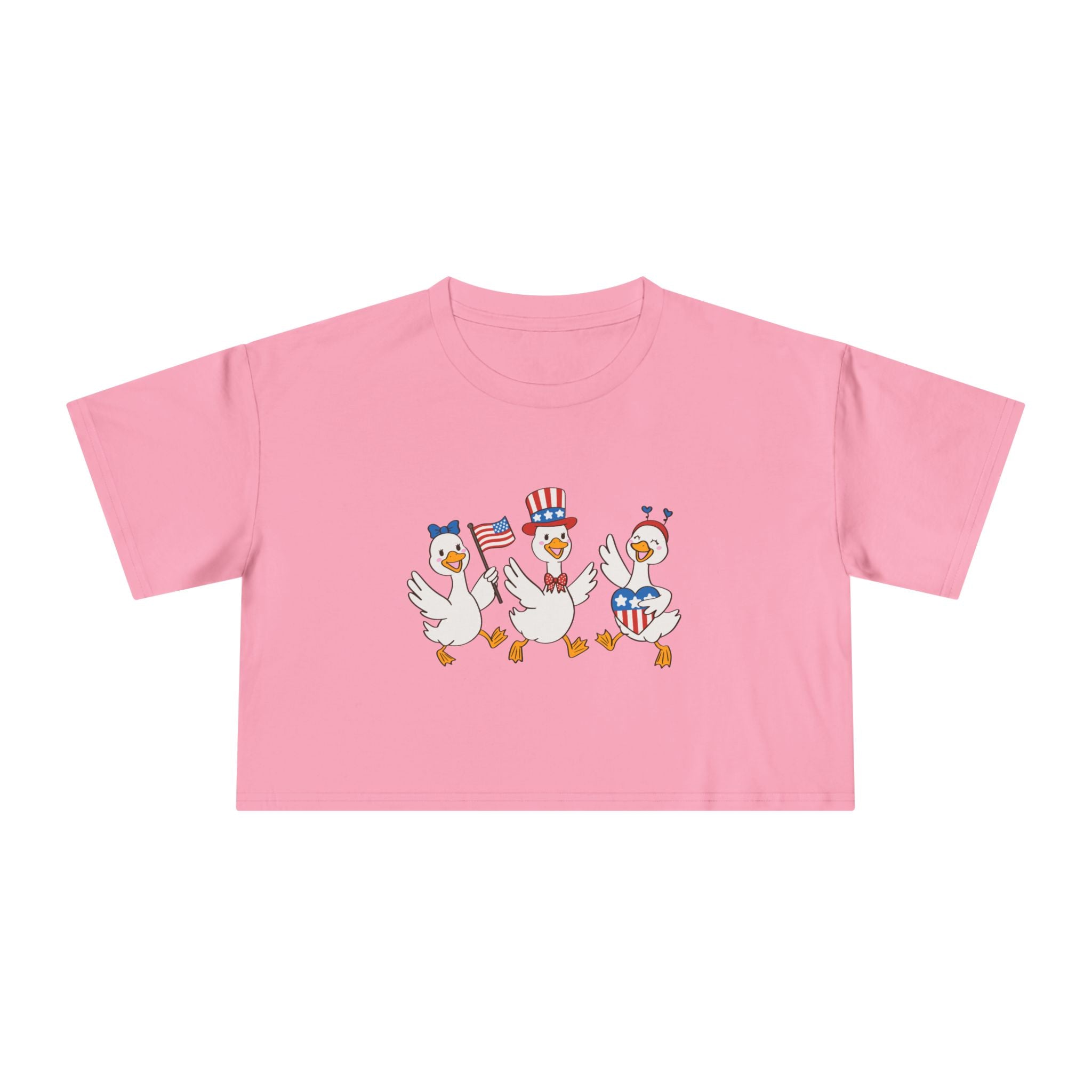 Patriotic Dancing Ducks Women's Crop Tee — 4th of July Cute Flag Design
