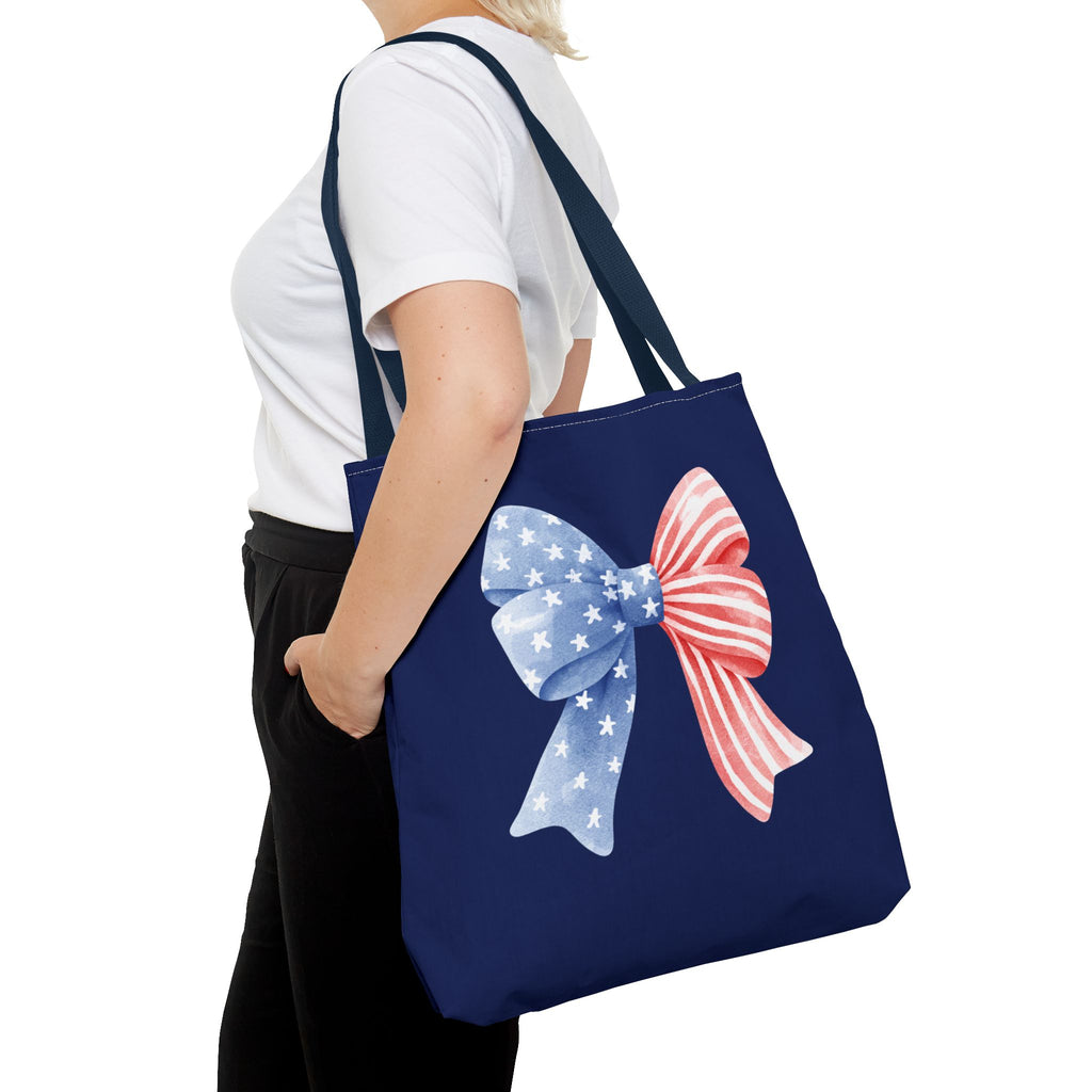 Patriotic Bow Tote Bag — American Flag Red White Blue Ribbon Tote