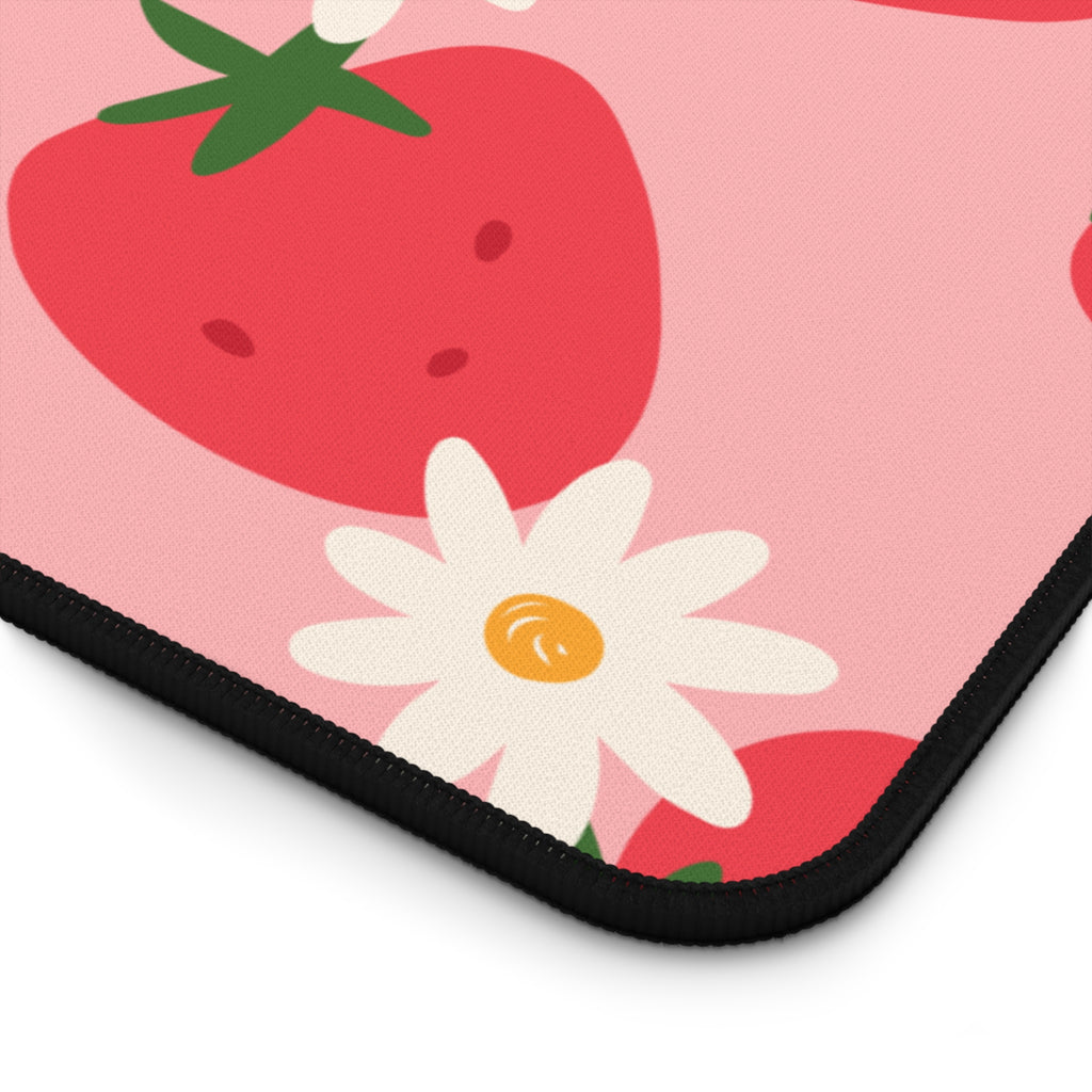 Strawberry Daisy Desk Mat — Cute Pink Floral Mouse Pad