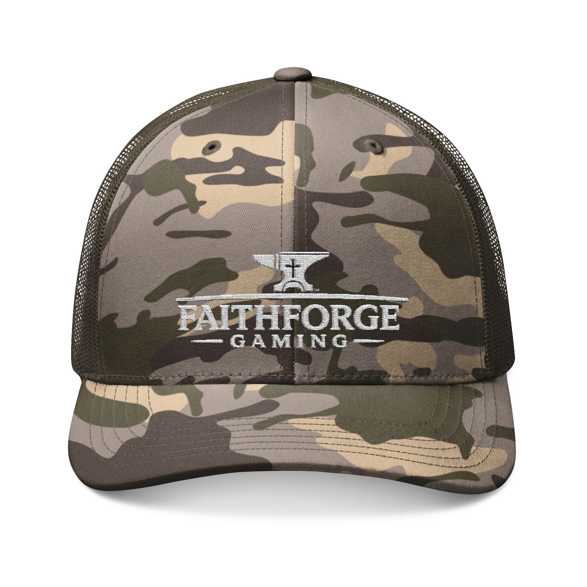 Camo Trucker Hat — Embroidered "FaithForge" Eagle Cap