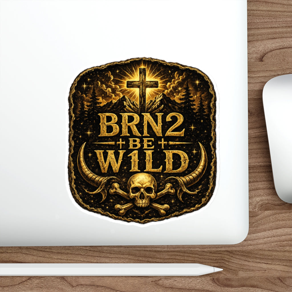 BRN2BEW1LD Die-Cut Sticker Indoor/Outdoor — Christian Skull Cross Outdoor Adventure Decal