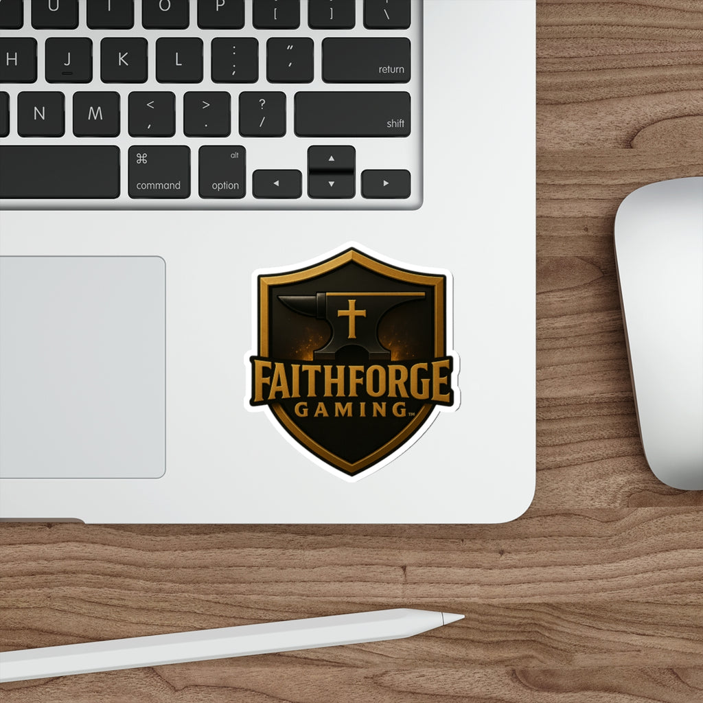 Indoor Faithforge Gaming Shield Die-Cut Sticker — Anvil & Cross Shield Logo