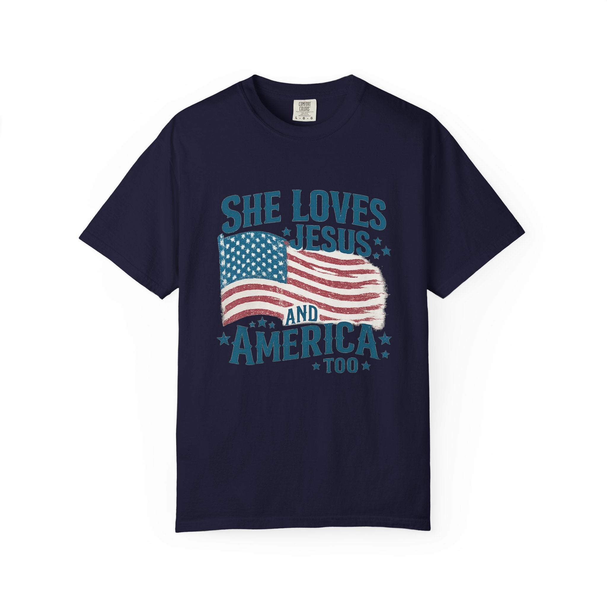 She Loves Jesus and America T-Shirt — Patriotic Christian Flag Tee