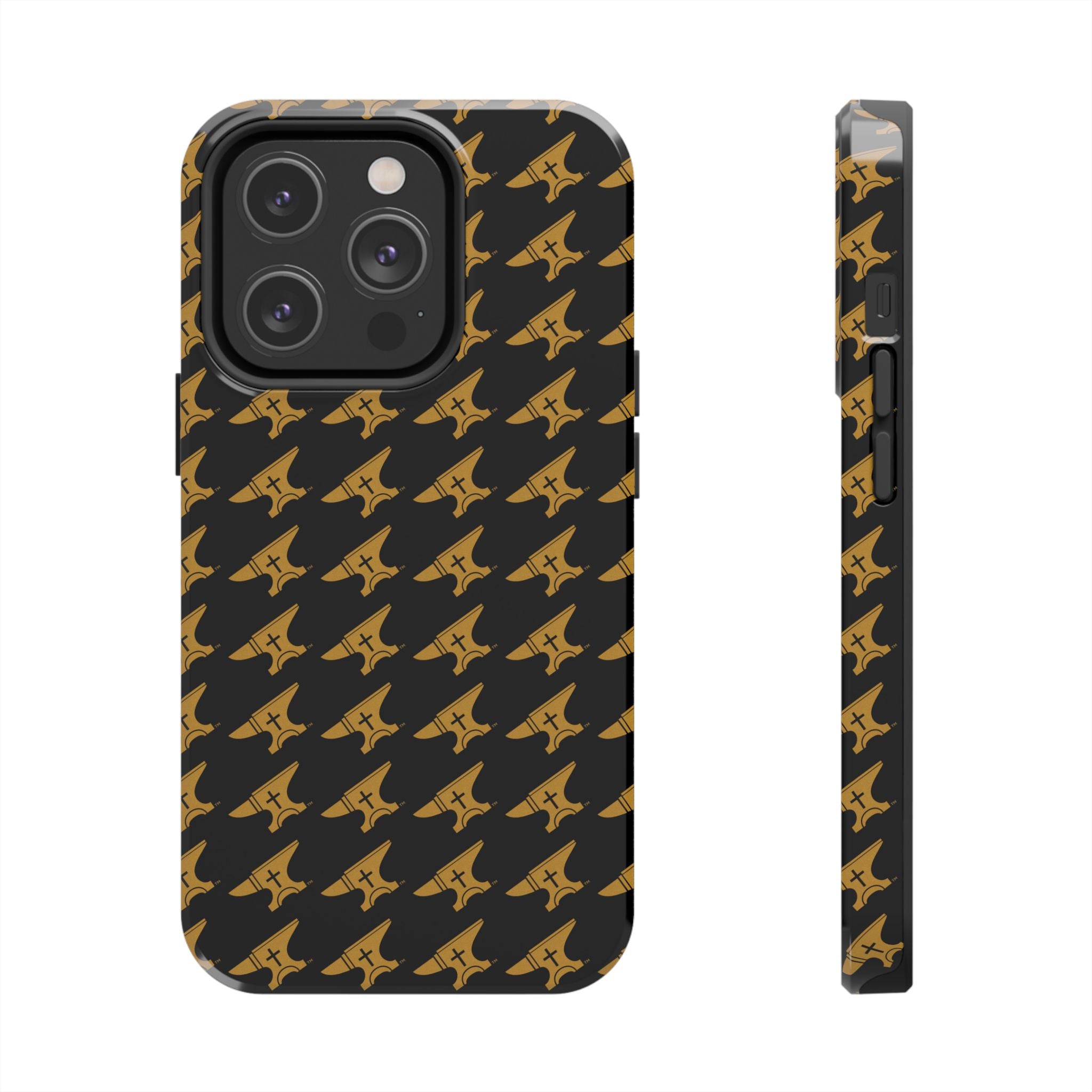 Gold Anvil Pattern Tough Phone Case — Durable Black & Metallic Repeat Design