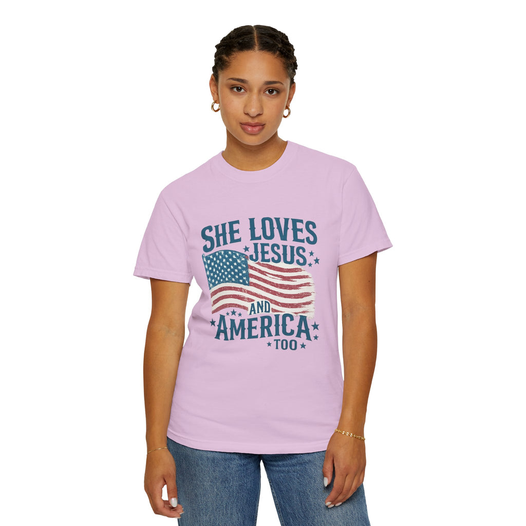 She Loves Jesus and America T-Shirt — Patriotic Christian Flag Tee