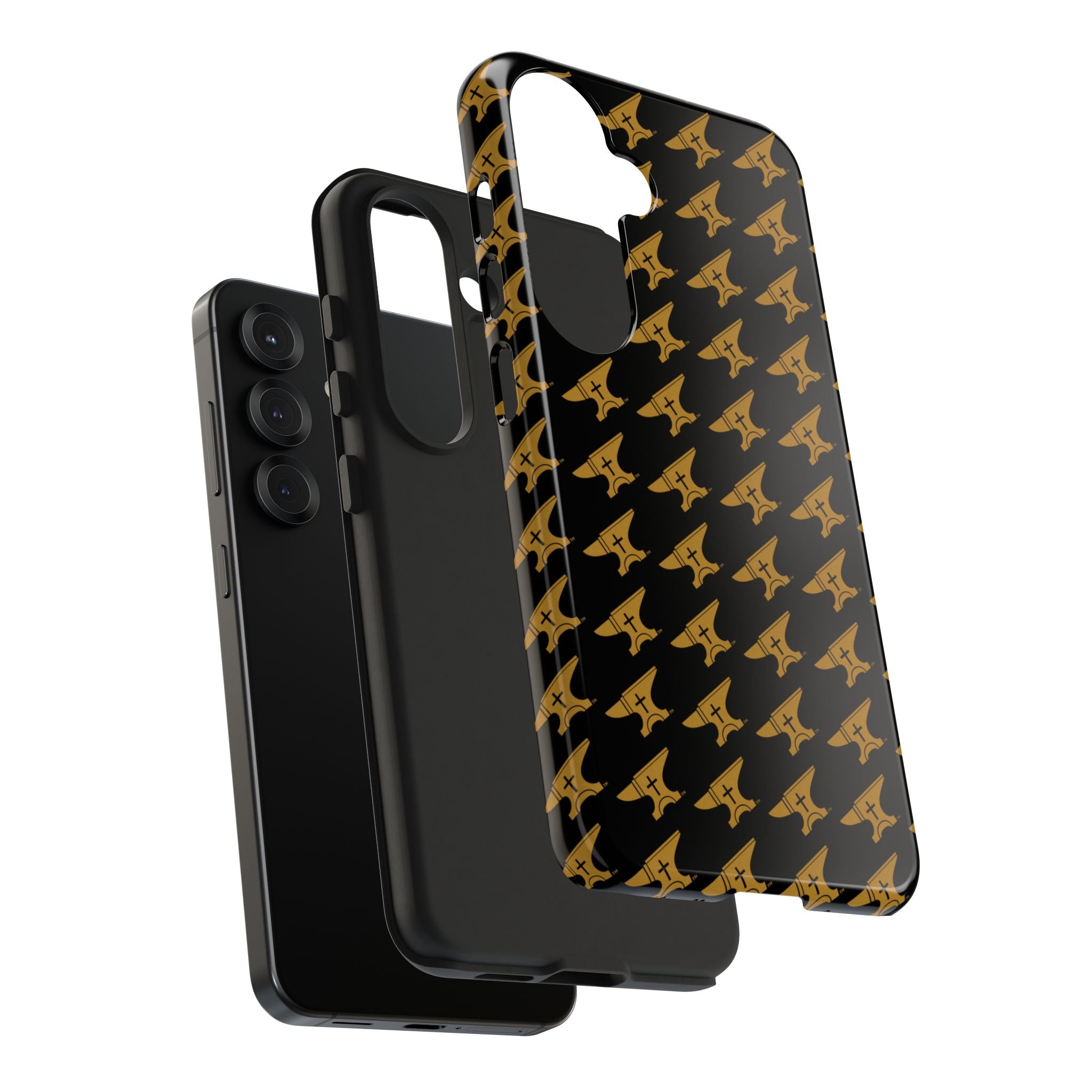 Gold Anvil Pattern Tough Phone Case — Durable Black & Metallic Repeat Design