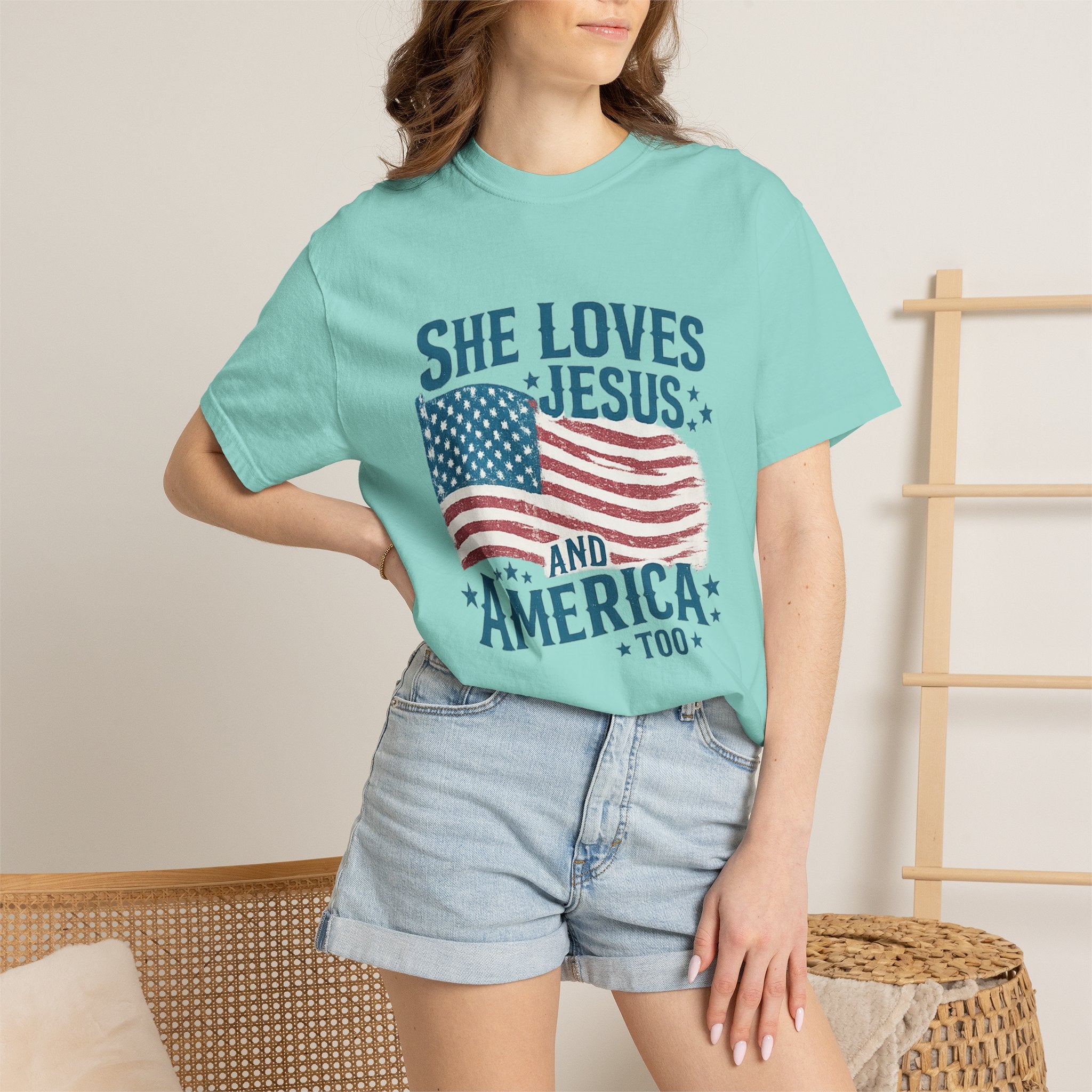 She Loves Jesus and America T-Shirt — Patriotic Christian Flag Tee