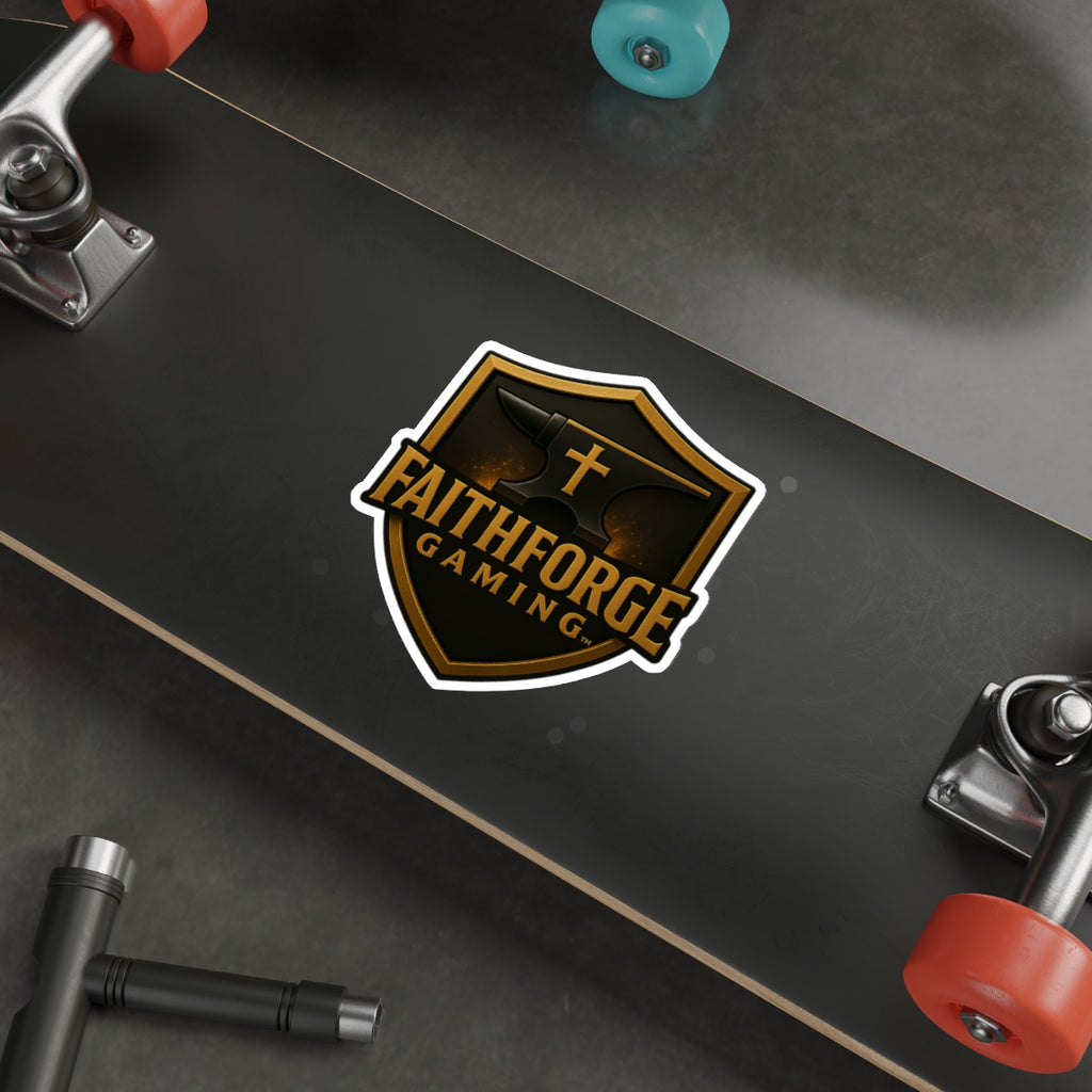 Indoor Faithforge Gaming Shield Die-Cut Sticker — Anvil & Cross Shield Logo