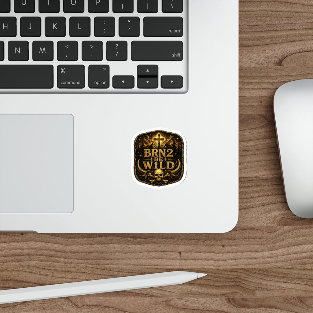 BRN2BEW1LD Die-Cut Sticker Indoor/Outdoor — Christian Skull Cross Outdoor Adventure Decal