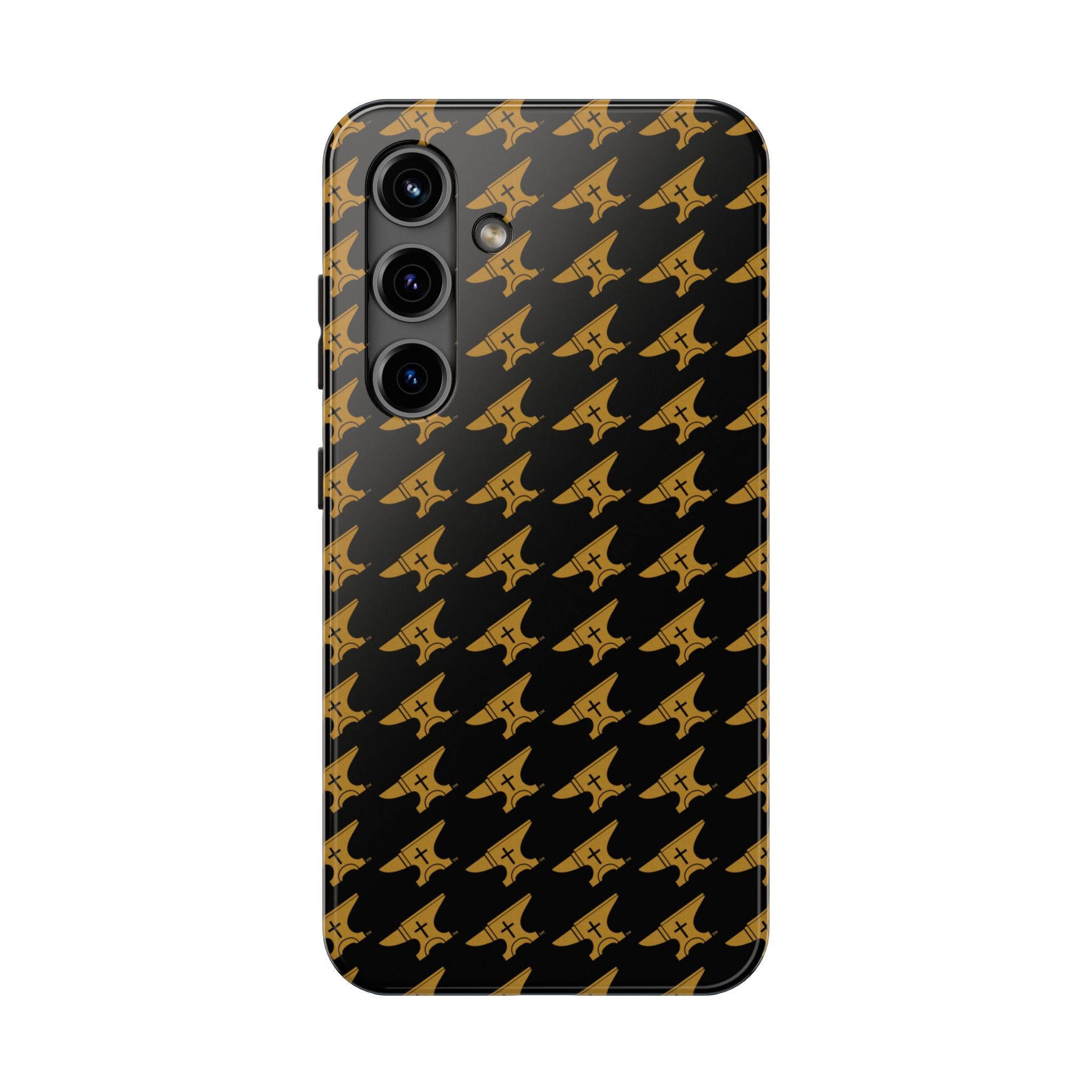Gold Anvil Pattern Tough Phone Case — Durable Black & Metallic Repeat Design