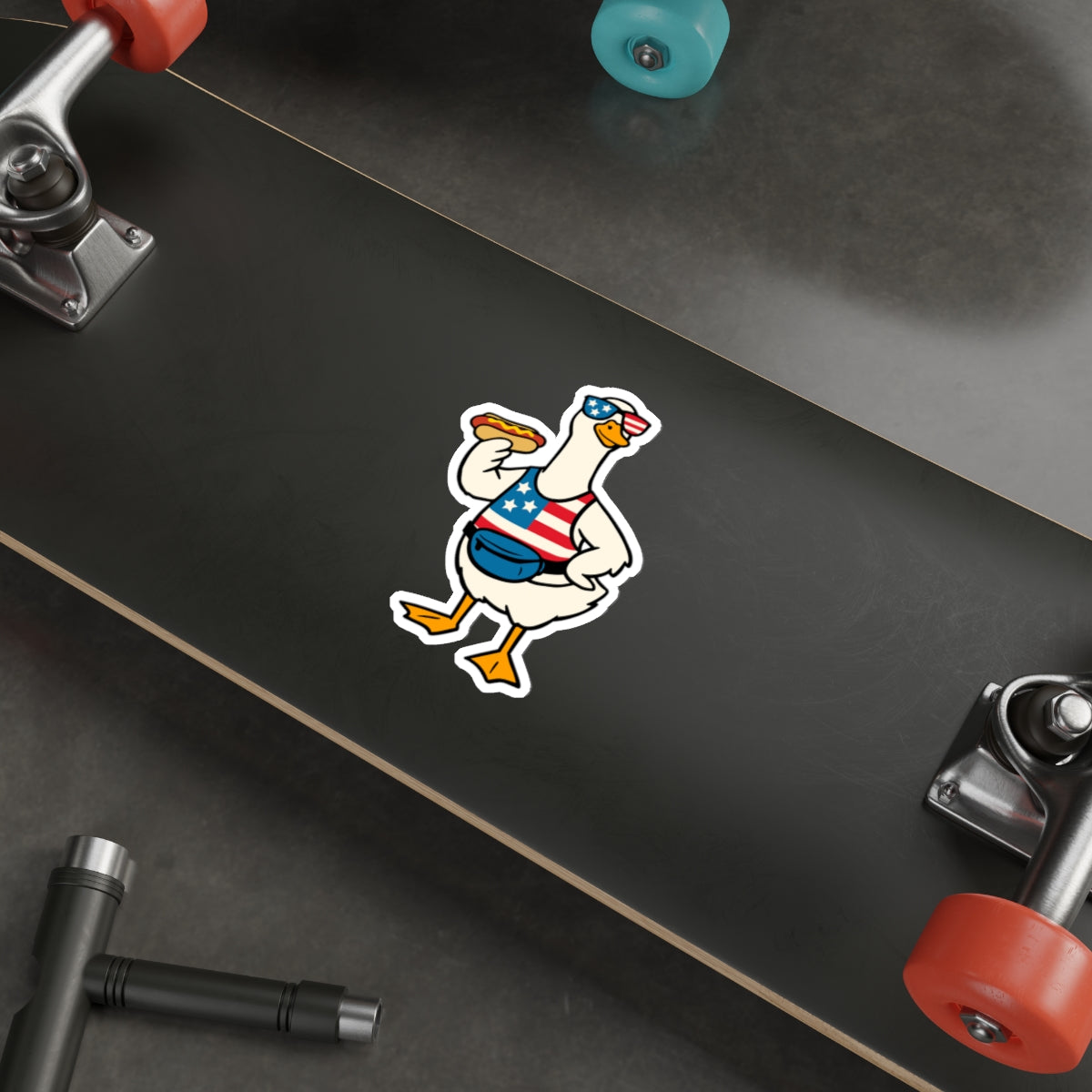 Patriotic Goose Sticker — American Flag Tank, Fanny Pack & Hot Dog Die-Cut Sticker