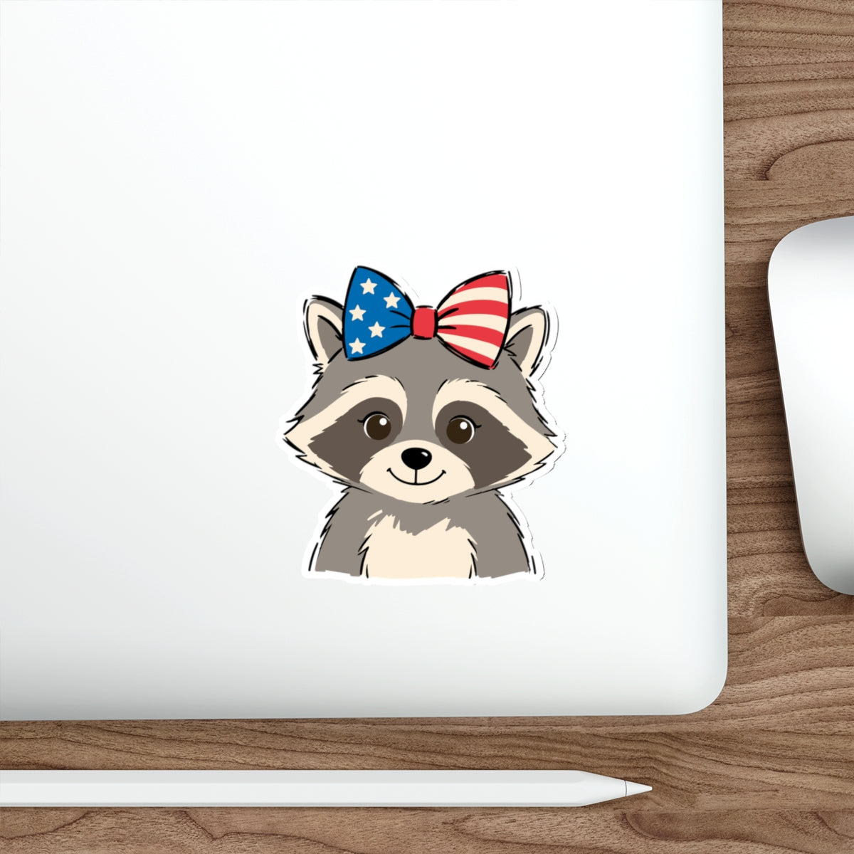 Patriotic Raccoon Die-Cut Sticker — Cute USA Flag Bow Decal for Laptops, Water Bottles & Notebooks