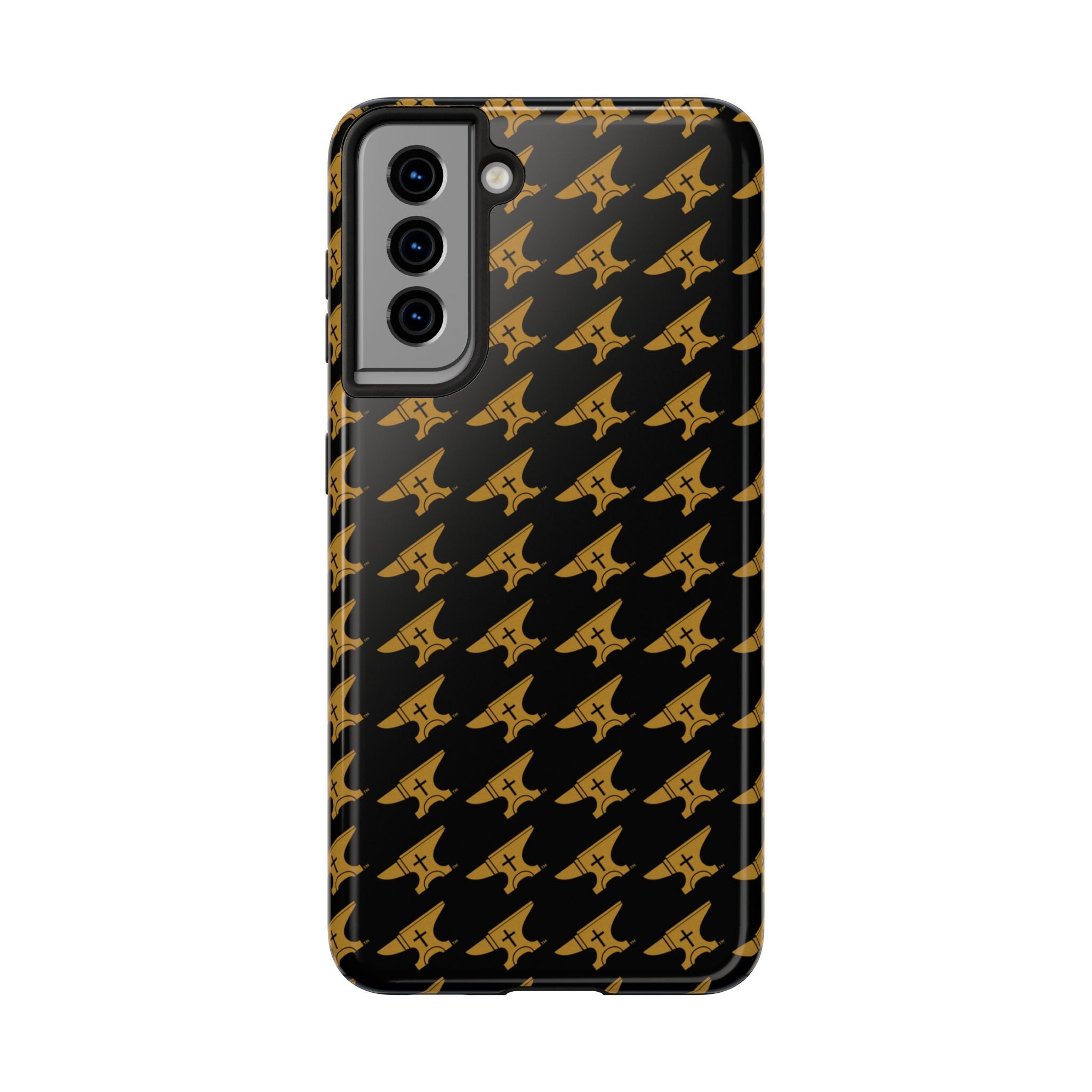 Gold Anvil Pattern Tough Phone Case — Durable Black & Metallic Repeat Design