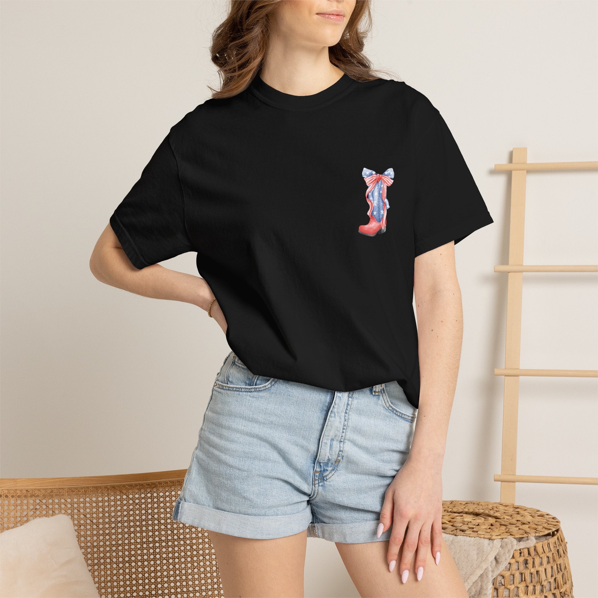 Patriotic Flag Bow T-Shirt — American Stars & Stripes Chest and Back Tee