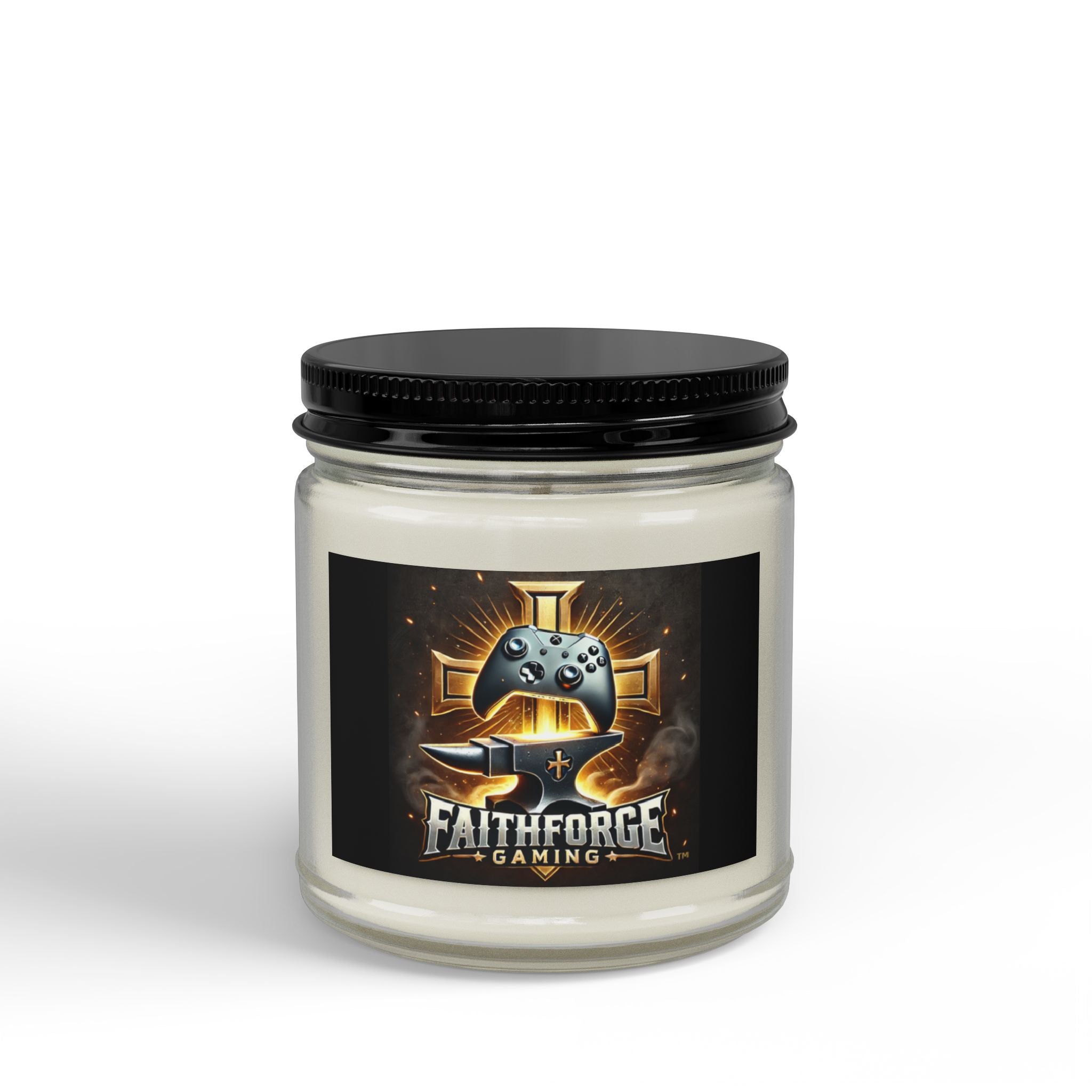 FaithForge Gaming Scented Soy Candle — Amber Jar with Black Lid (4oz & 9oz)