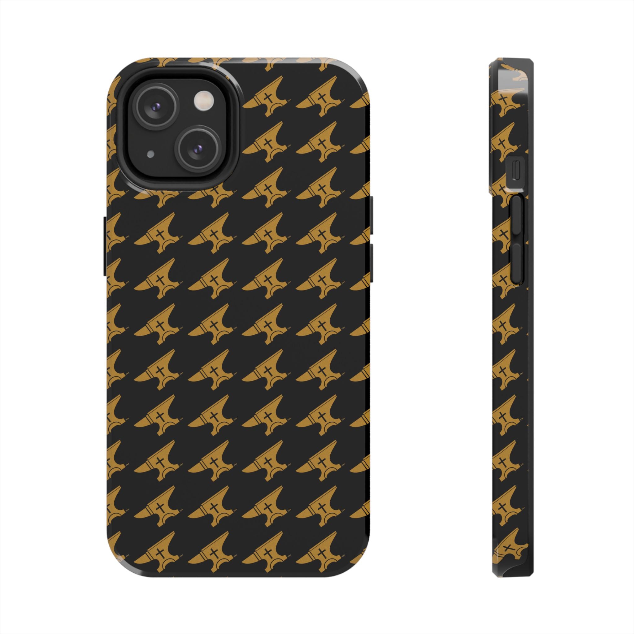 Gold Anvil Pattern Tough Phone Case — Durable Black & Metallic Repeat Design