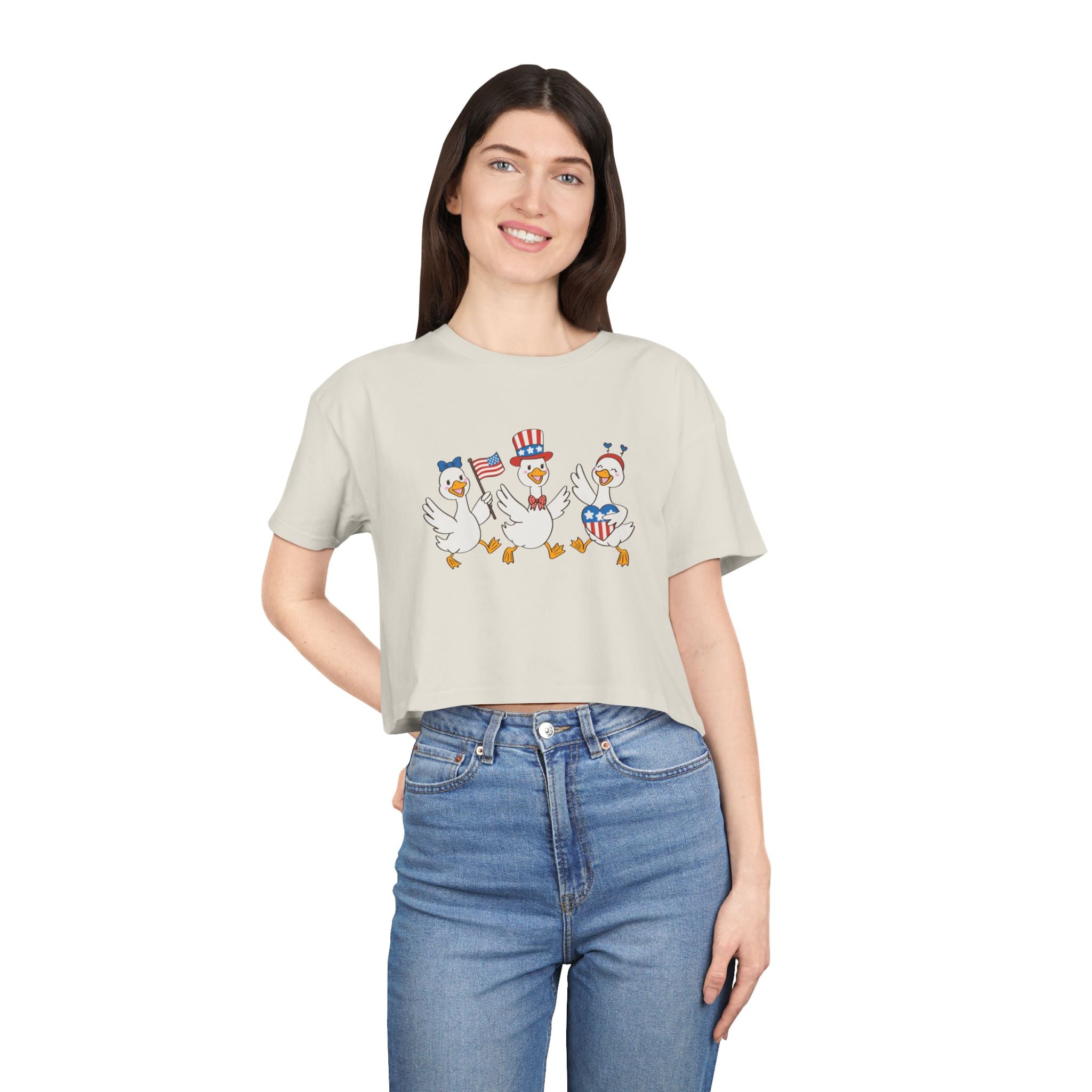 Patriotic Dancing Ducks Women's Crop Tee — 4th of July Cute Flag Design