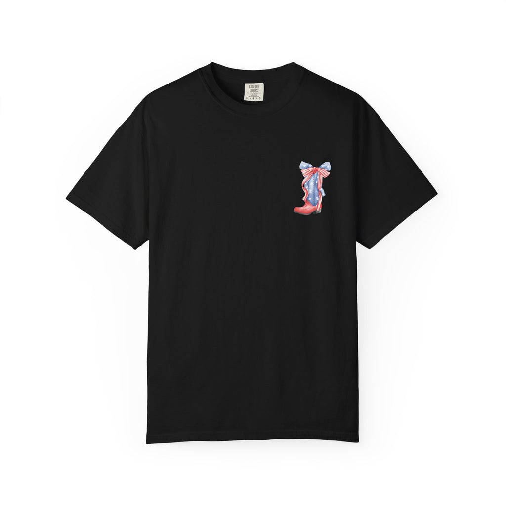 Patriotic Flag Bow T-Shirt — American Stars & Stripes Chest and Back Tee