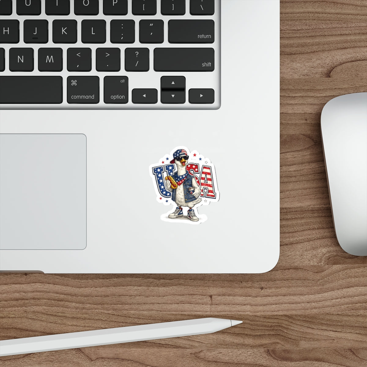 Patriotic GooseUSA Die-Cut Sticker — Funny American Flag Goose with Sunglasses & Hot Dog