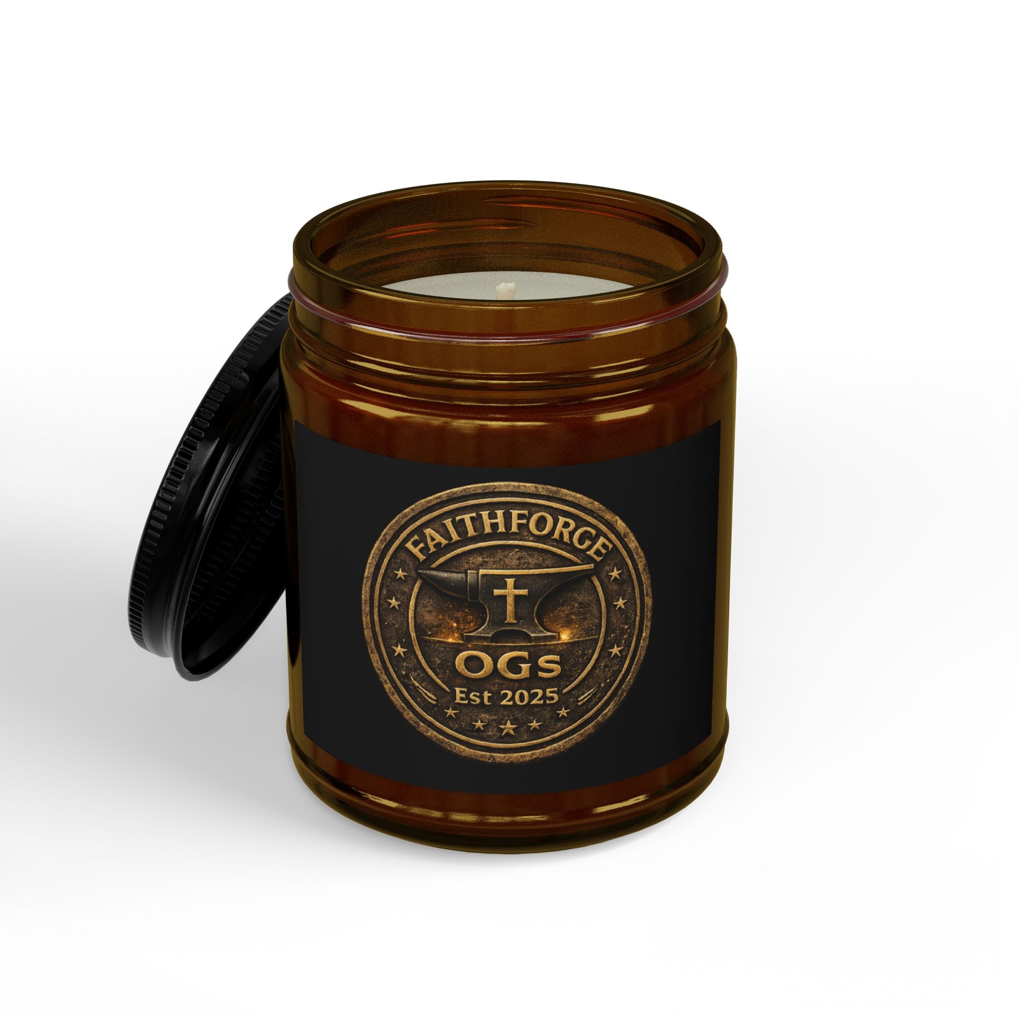 FaithForge Gaming Scented Soy Candle — Amber Jar with Black Lid (4oz & 9oz)
