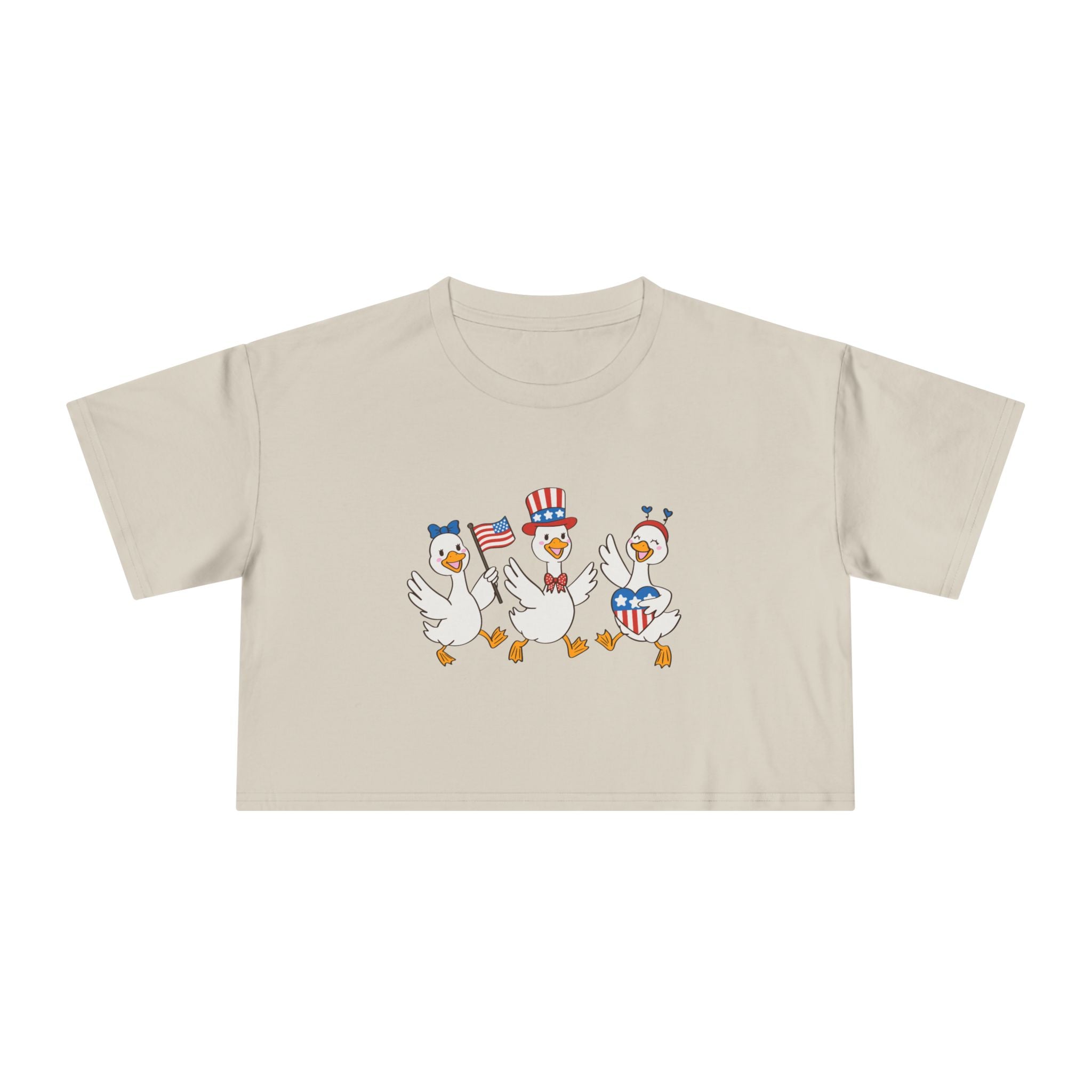 Patriotic Dancing Ducks Women's Crop Tee — 4th of July Cute Flag Design
