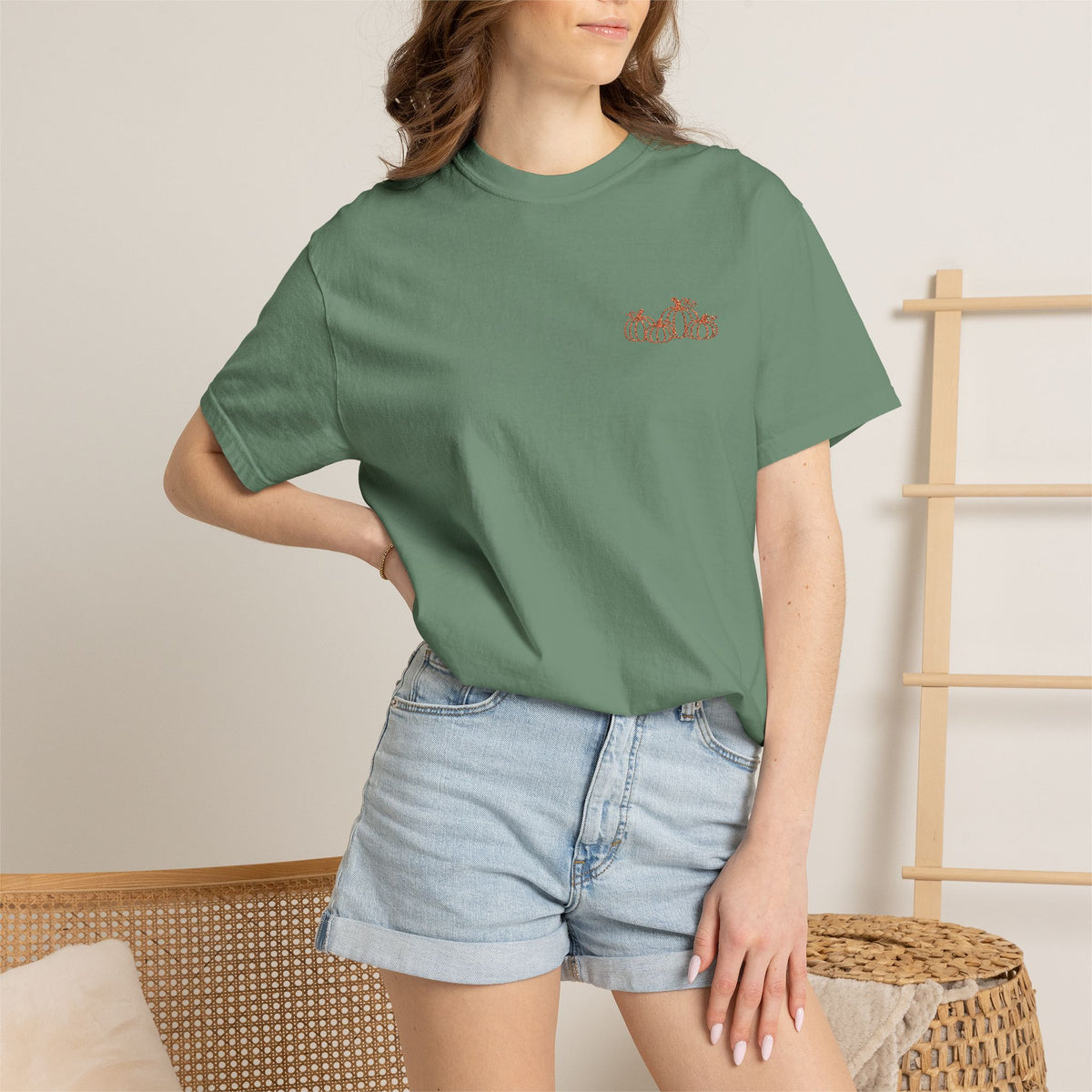 CutePocket Tee — Small Chest  pumpkin embroidered T-Shirt