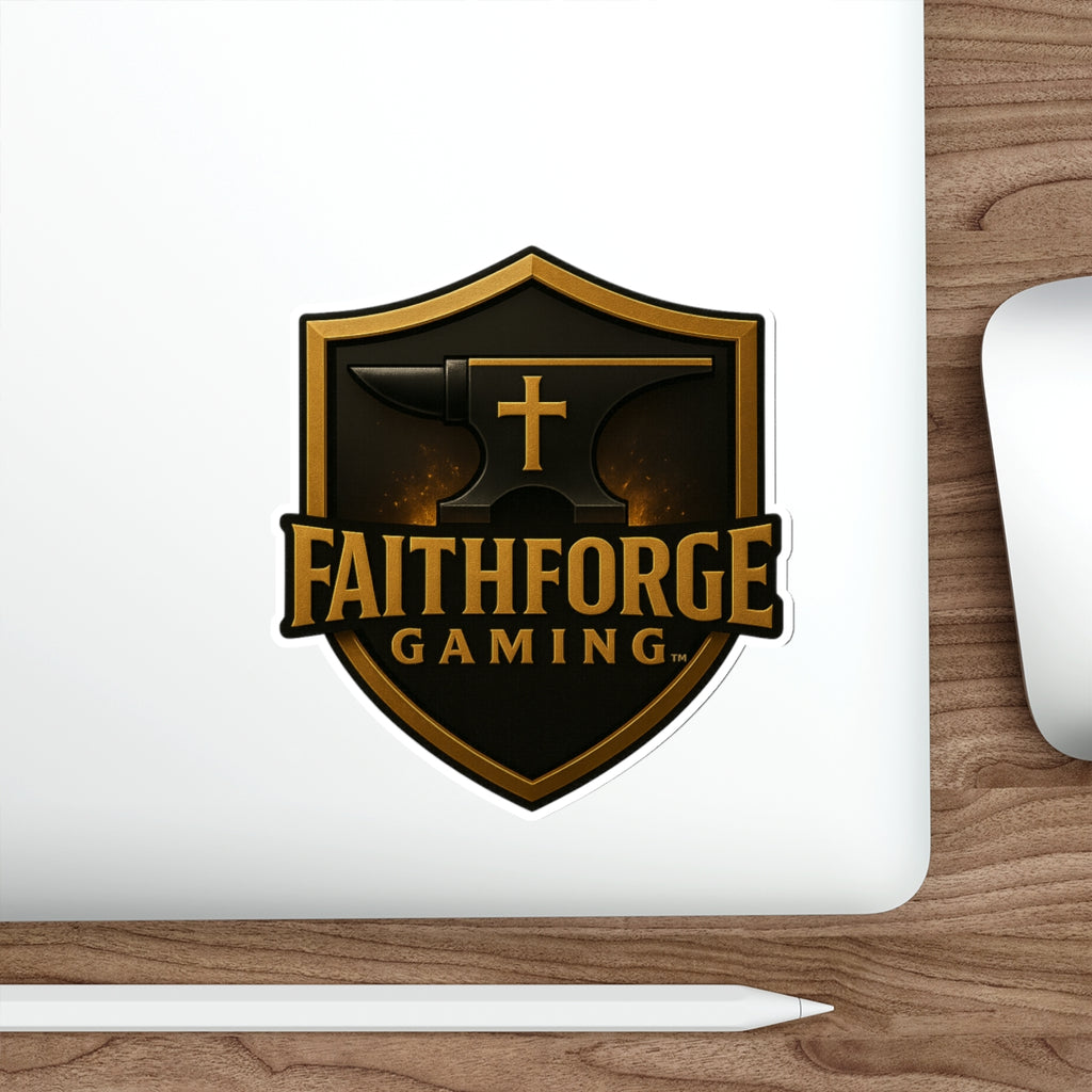 Indoor Faithforge Gaming Shield Die-Cut Sticker — Anvil & Cross Shield Logo