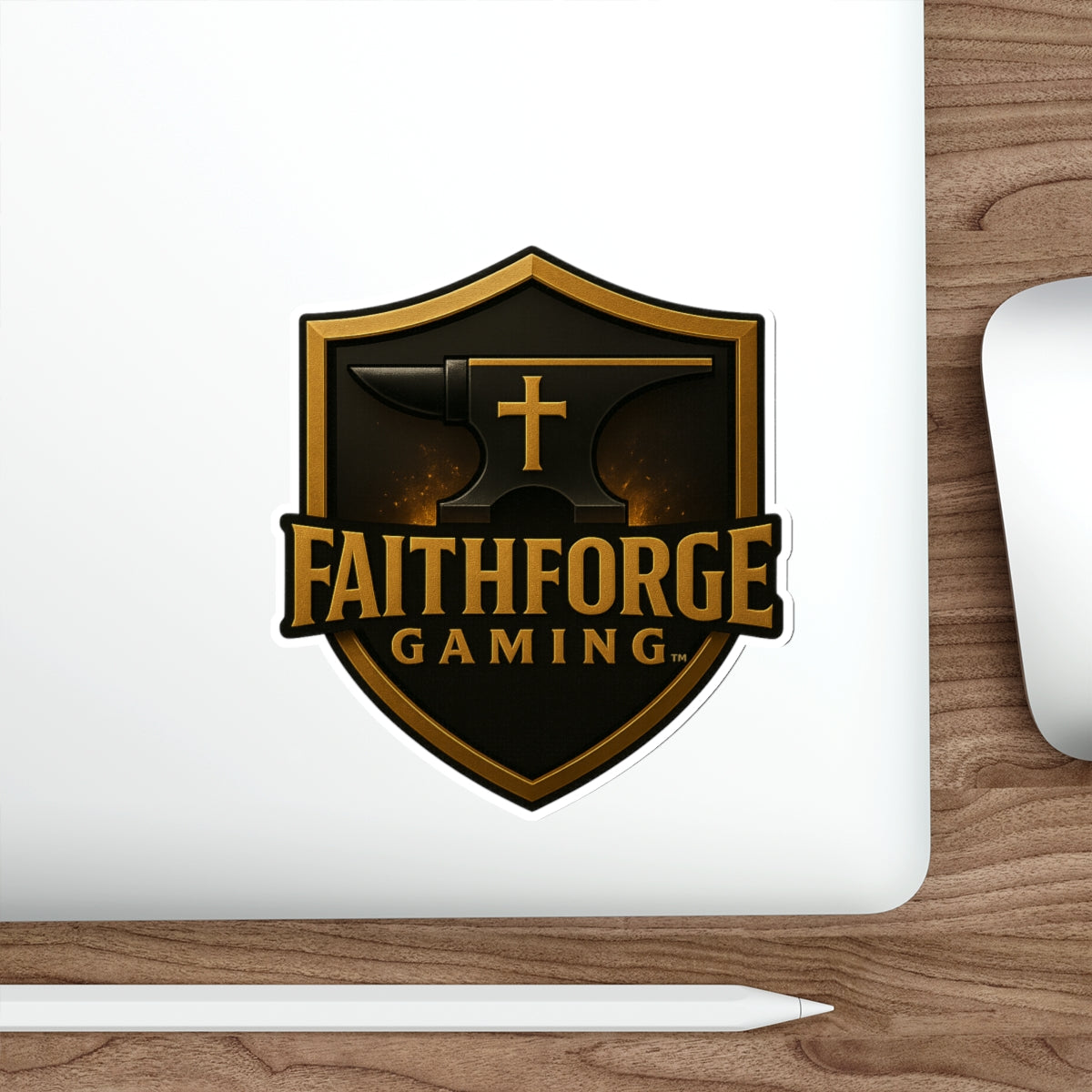 Indoor Faithforge Gaming Shield Die-Cut Sticker — Anvil & Cross Shield Logo