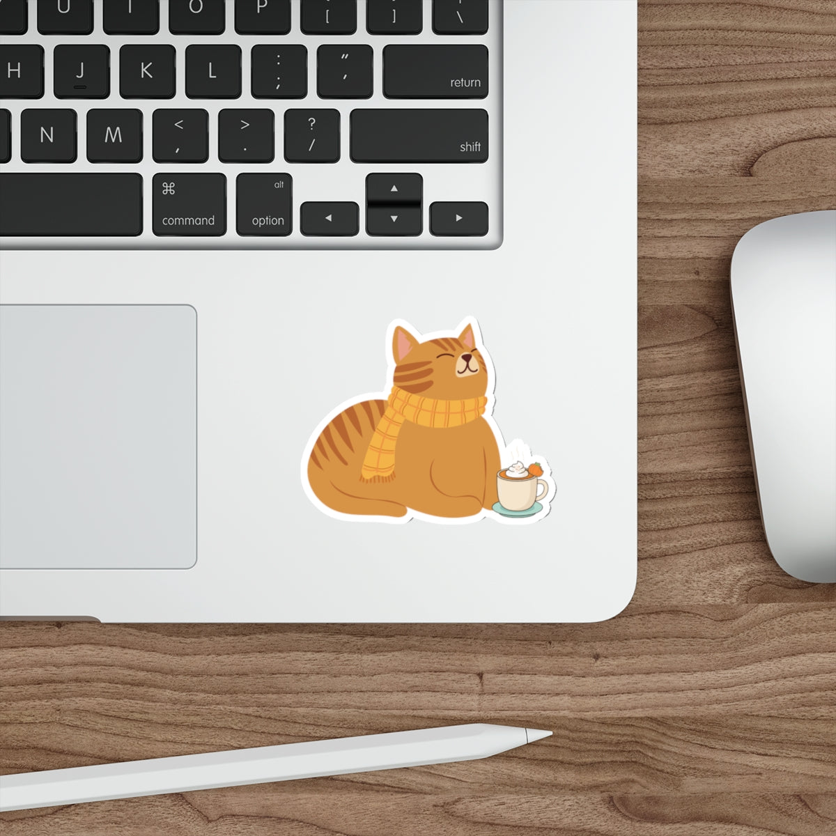 Cozy Cat Die-Cut Sticker — Orange Cat with Scarf & Hot Cocoa