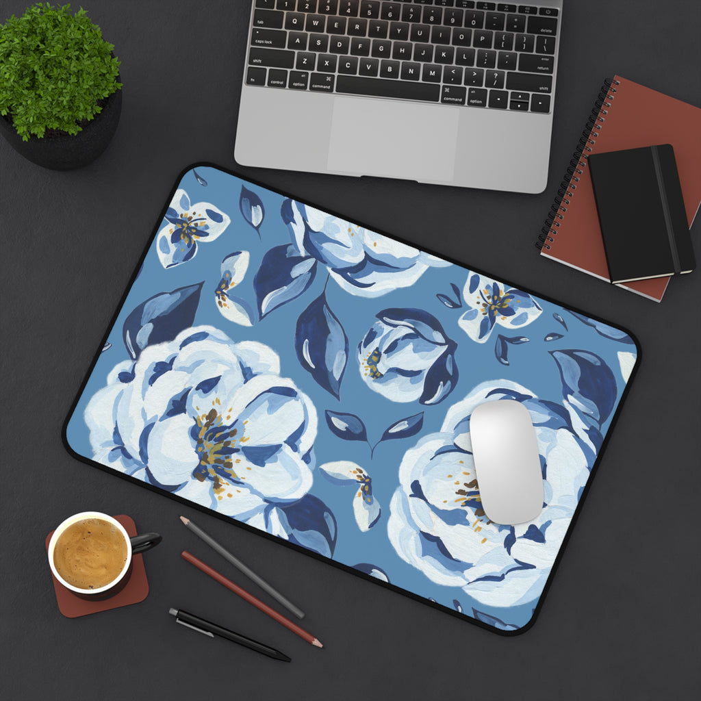 Blue Floral Desk Mat — Large Decorative Mousepad for Home Office