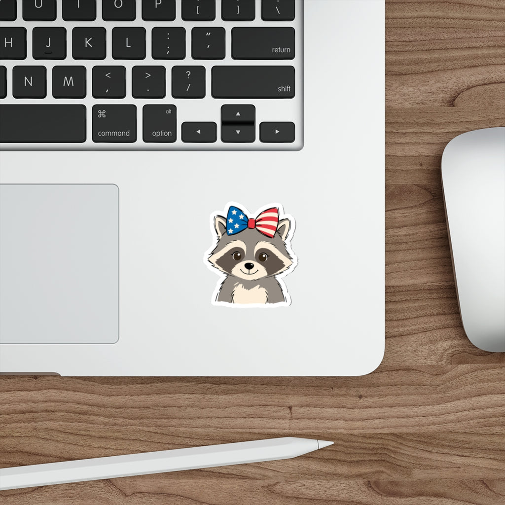 Patriotic Raccoon Die-Cut Sticker — Cute USA Flag Bow Decal for Laptops, Water Bottles & Notebooks