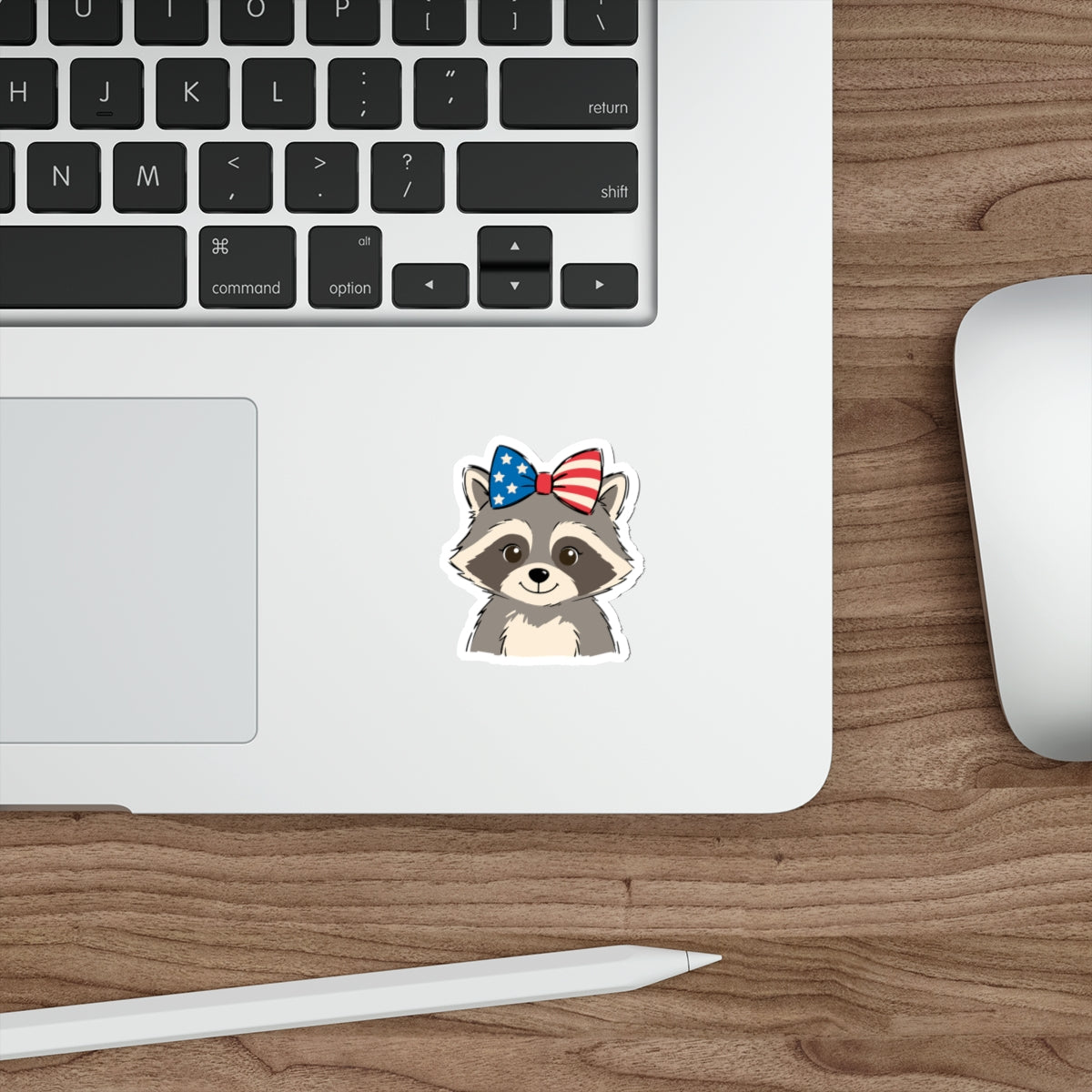 Patriotic Raccoon Die-Cut Sticker — Cute USA Flag Bow Decal for Laptops, Water Bottles & Notebooks